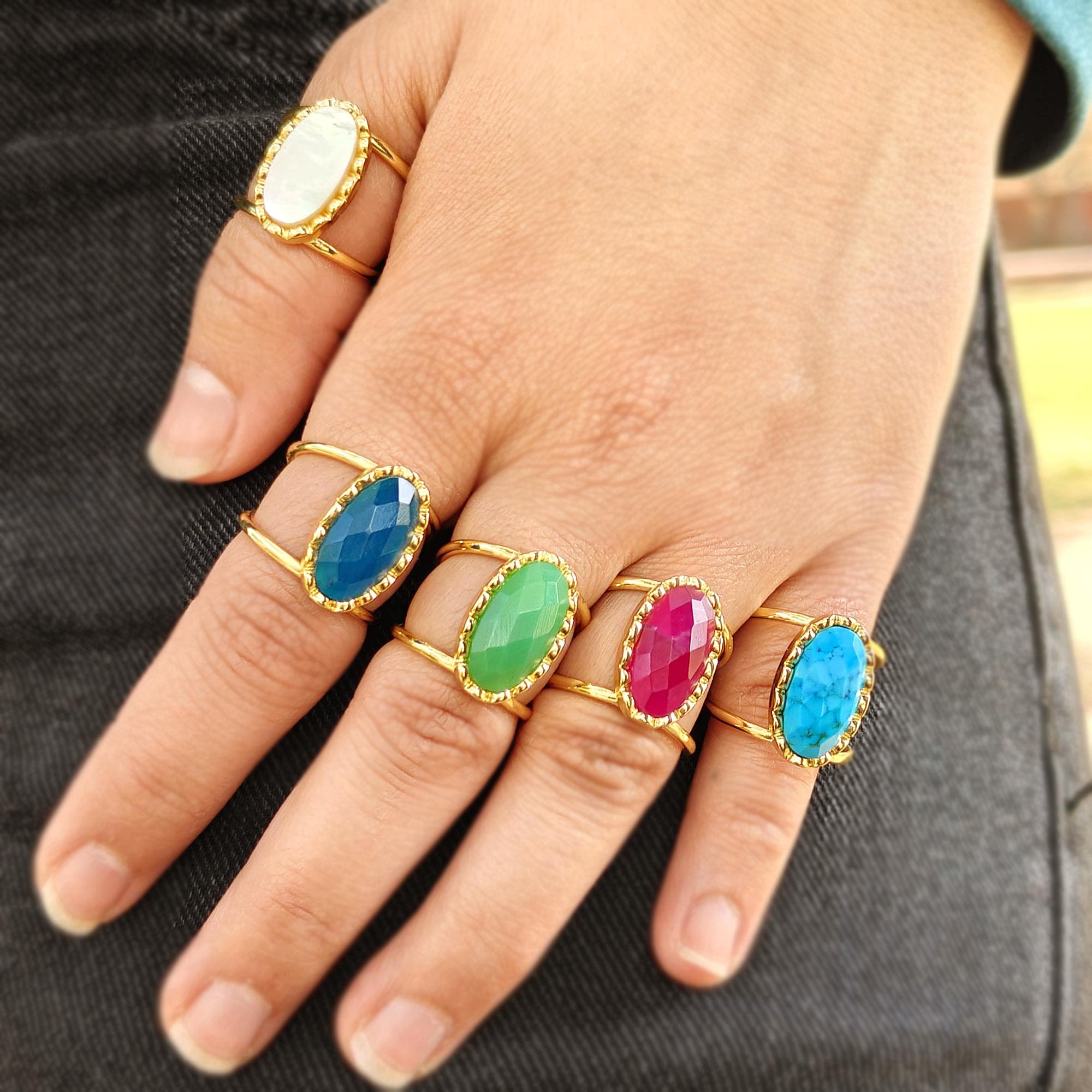 Multi Gemstone Oval Open Ring: Minimalist Gold Plated Dainty Handmade Double Band Stackable Jewelry