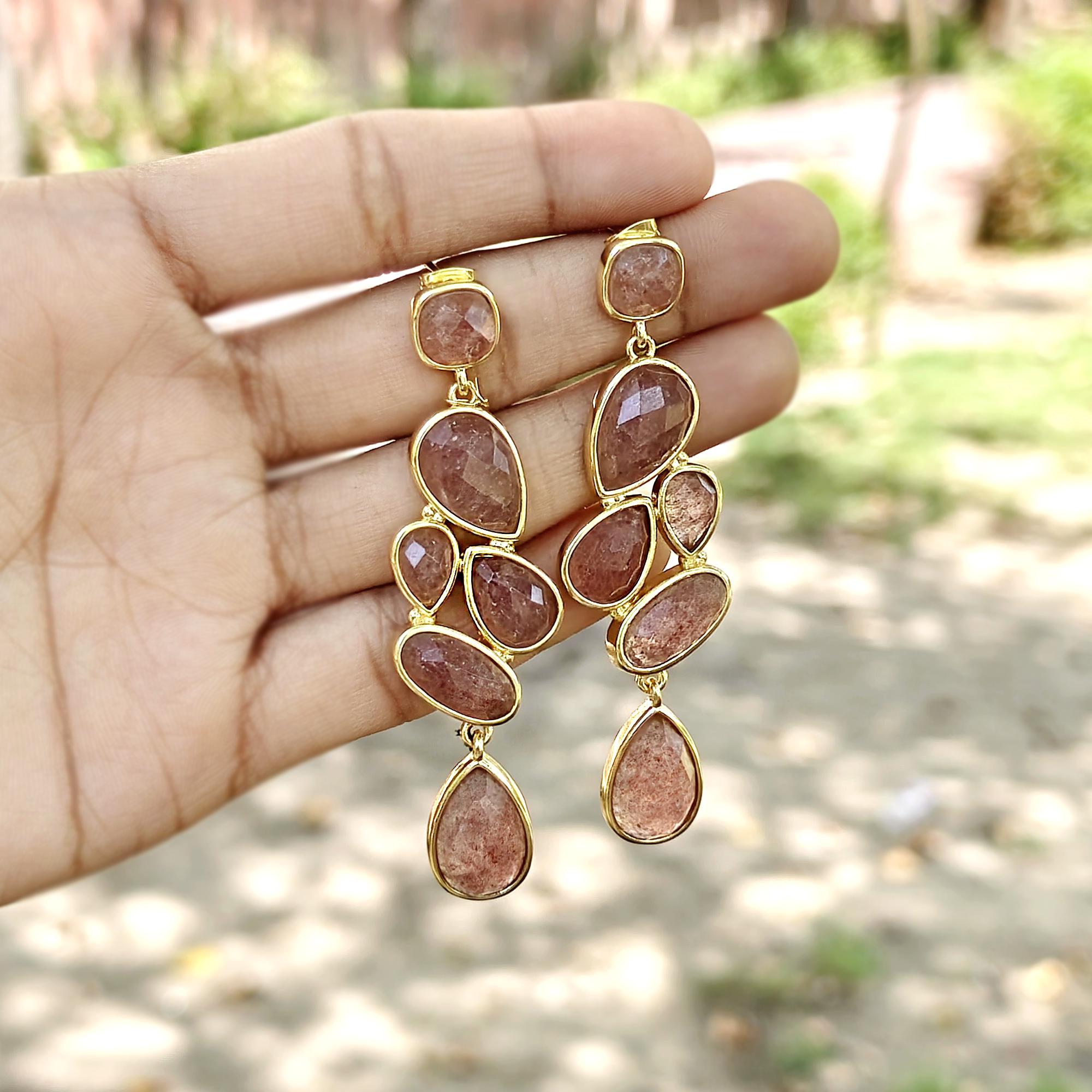 Green Strawberry or Cherry Quartz Earrings: Gold Plated Quartz Gemstone Dangles Drops