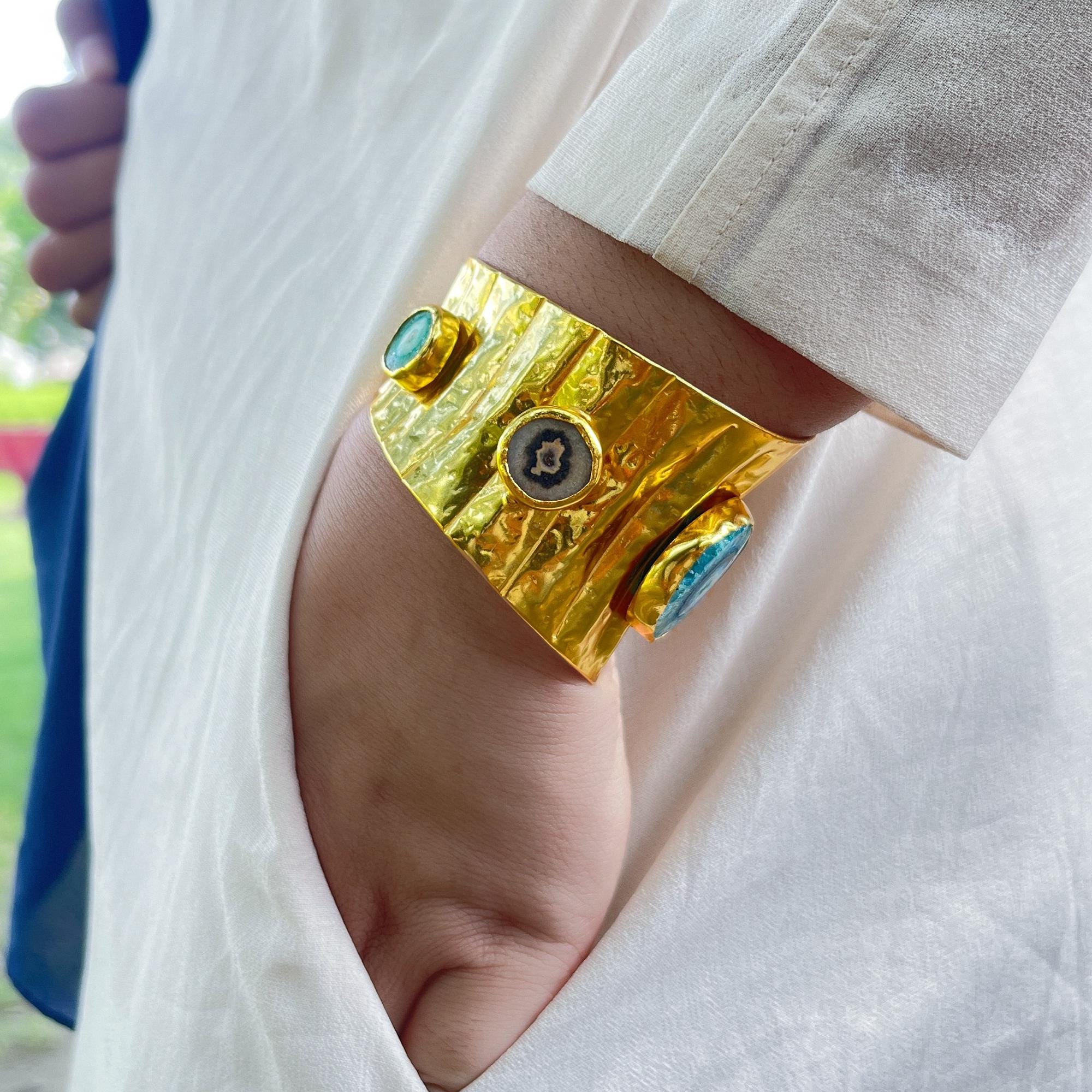 Handmade Gold Plated Cuff Bracelet: Solar Quartz Gemstone Adjustable Bangle