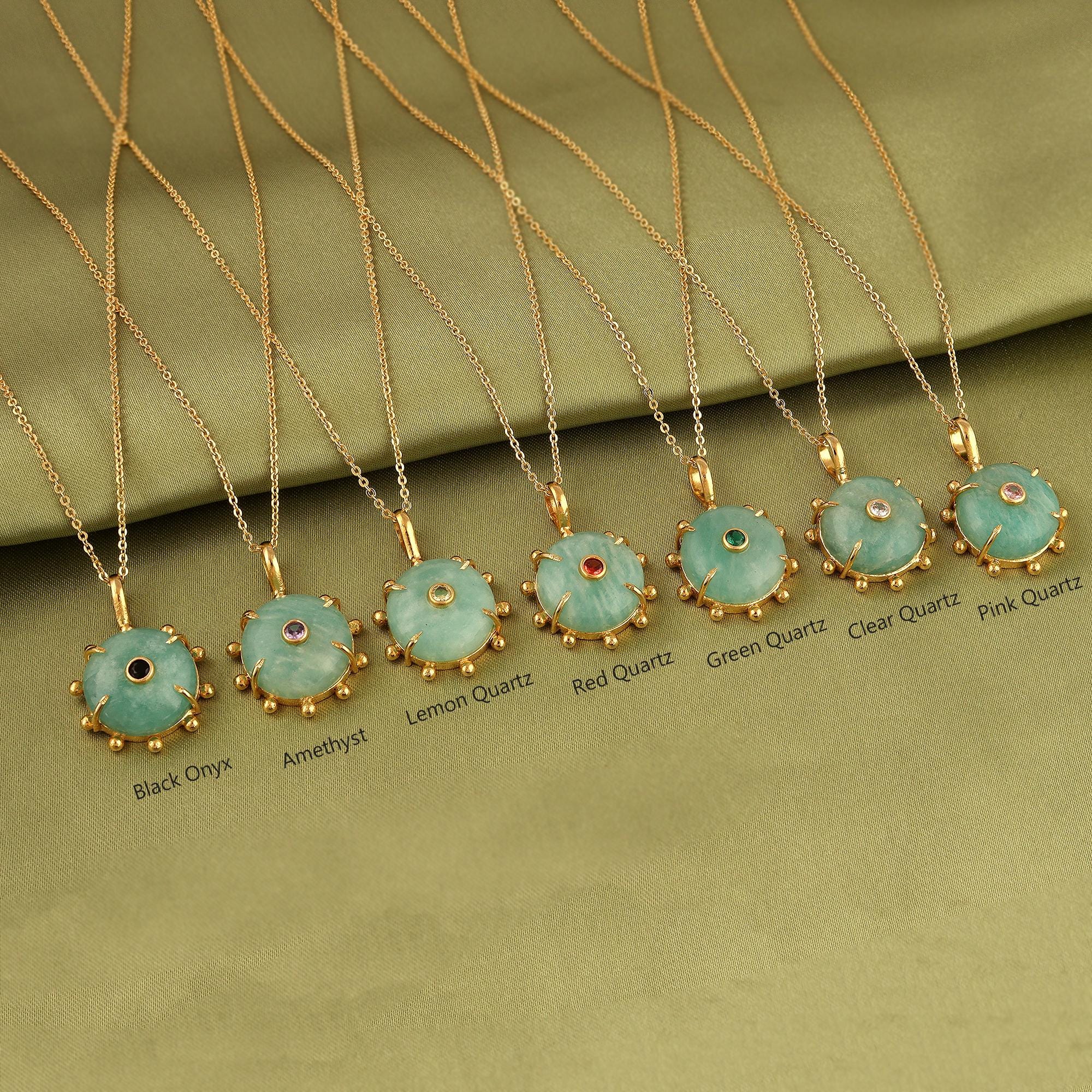 Gold Plated Amazonite Pendant Necklace: Round Gemstone, Delicate Boho Jewelry