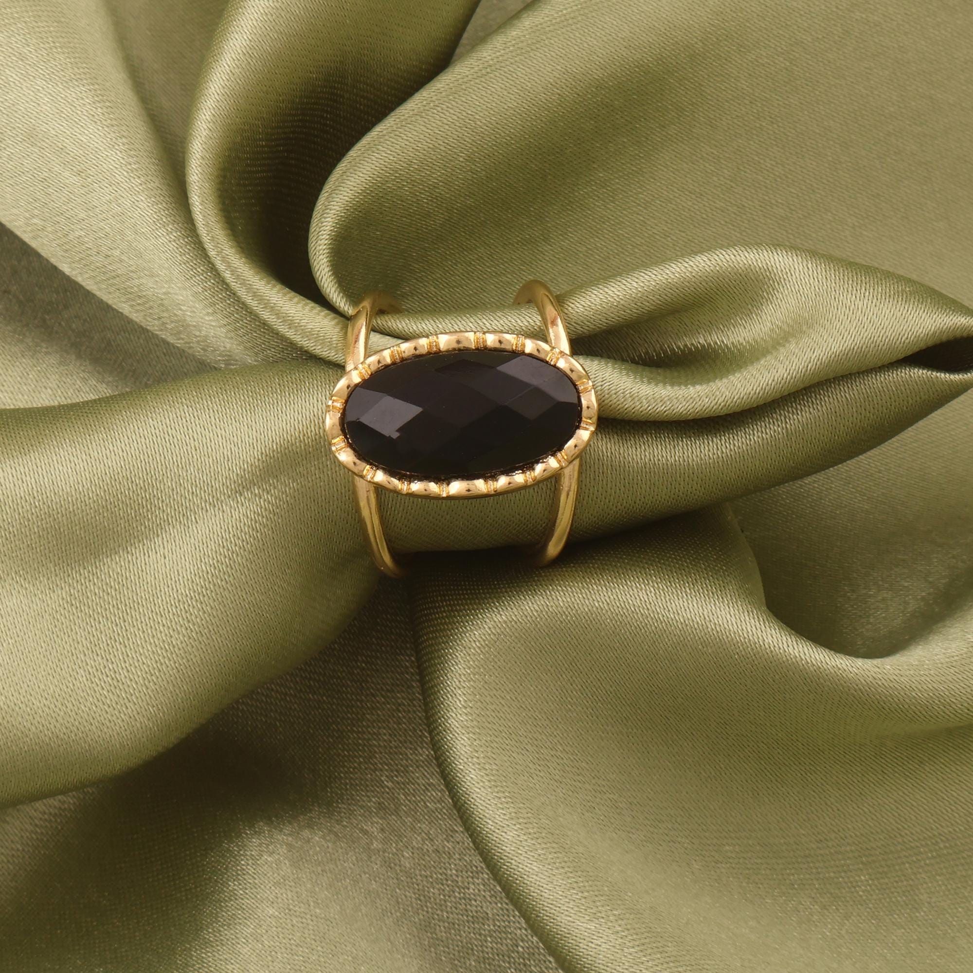 Elegant Black Onyx Gold Plated Ring: Checker Cut Handmade Oval Shape Gemstone Rings