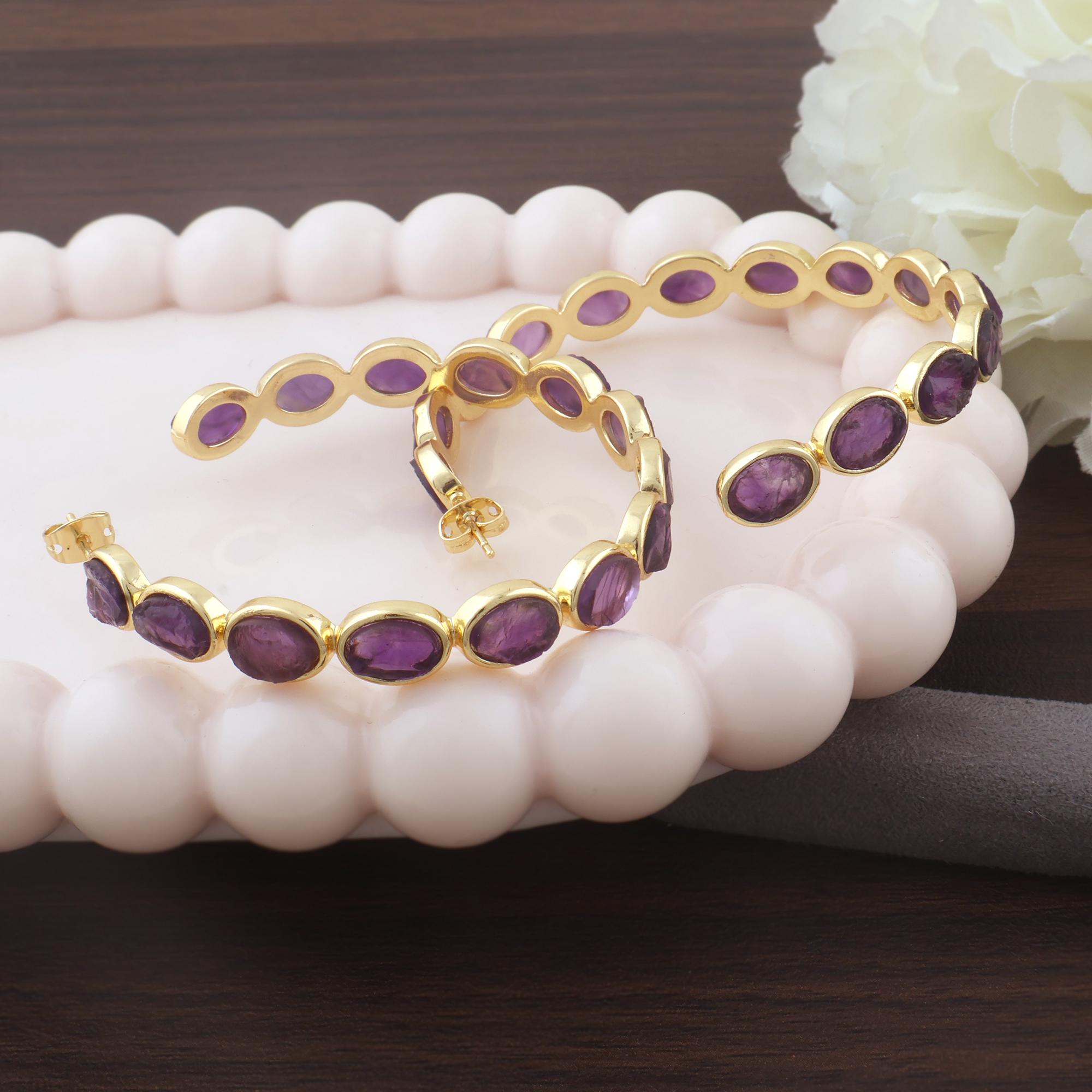 Gold-Plated Raw Amethyst Hoop Earrings: Oval Gemstone Birthstone Earring