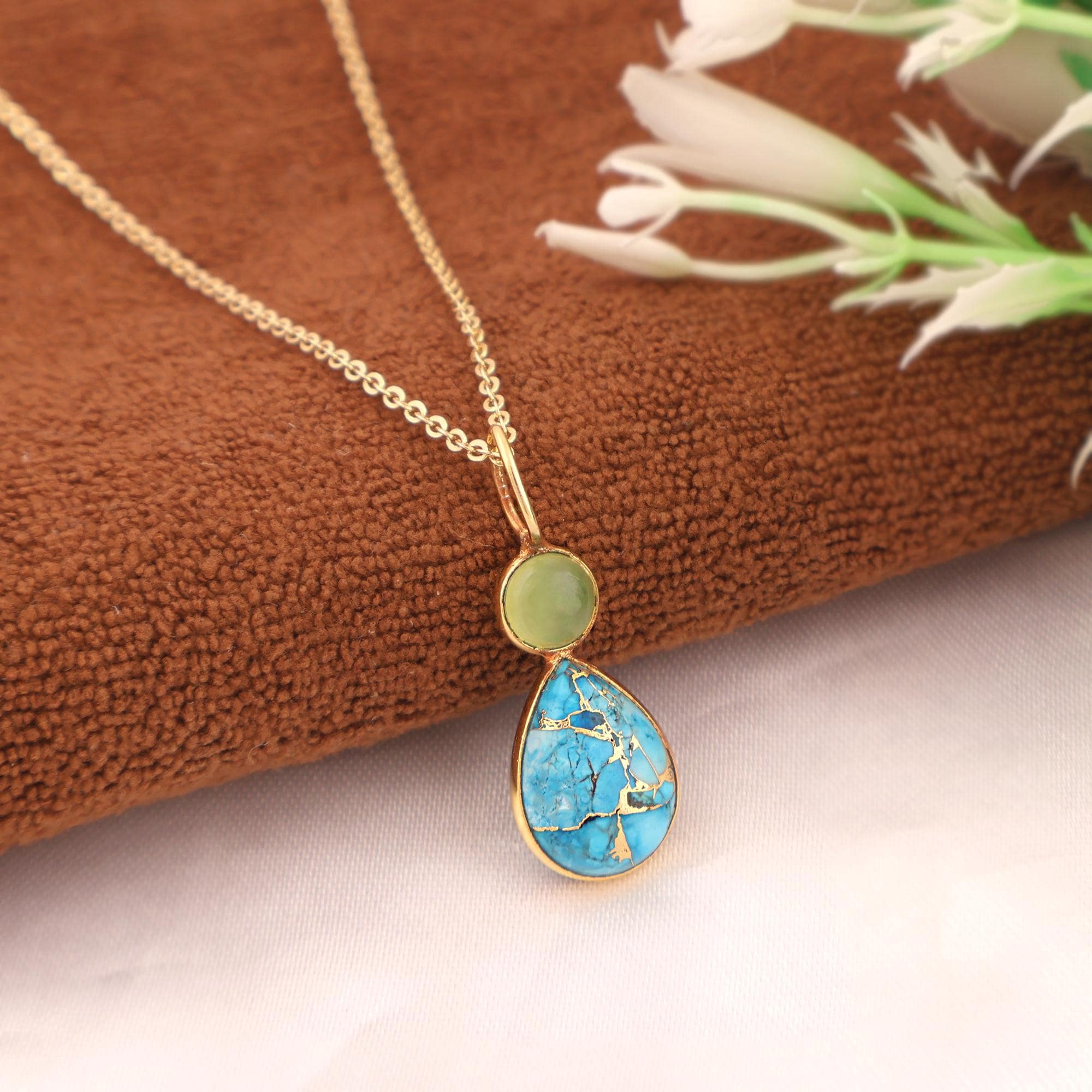 Prehnite & Blue Copper Turquoise Pendant: Minimalist Boho Gemstone Necklace