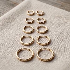 May include: A set of five pairs of gold-toned hoop earrings arranged in a vertical column, ranging from smallest to largest. Each pair features a smooth, circular design with a hinged closure mechanism, showcasing a polished metallic finish.