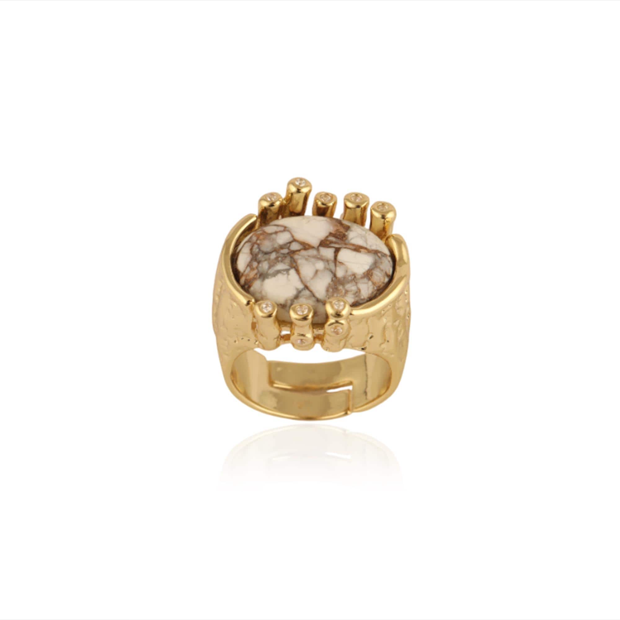 Oval Howlite Turquoise Ring: Gold Plated Adjustable CZ Ring