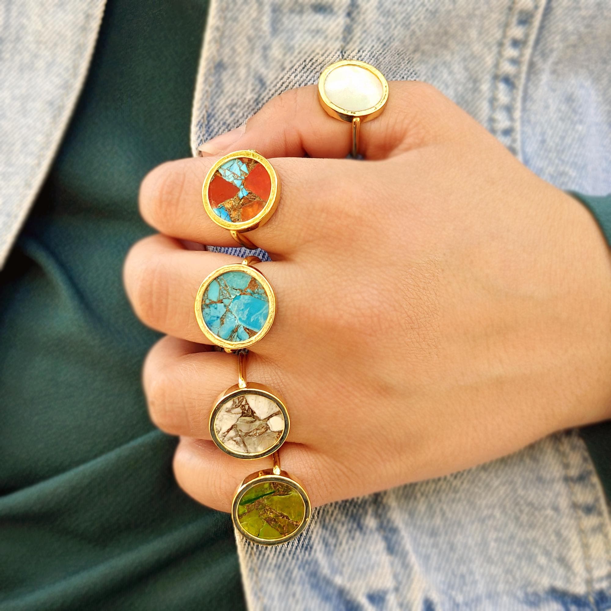 Round Gemstone Open Band Ring: Gold Plated with Multi Turquoise or Pearl Stone Jewelry