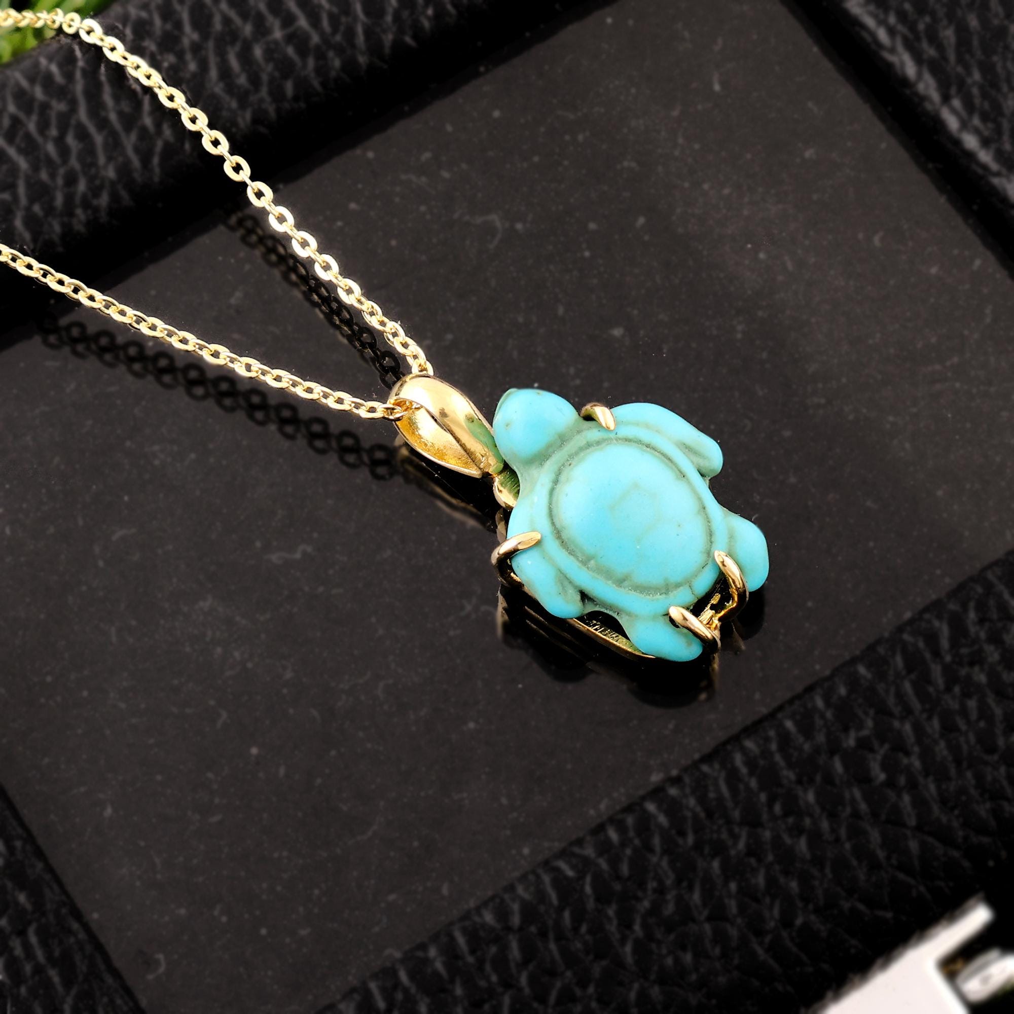 Coastal Turquoise Turtle Necklace: Carved Sea Turtle Pendant