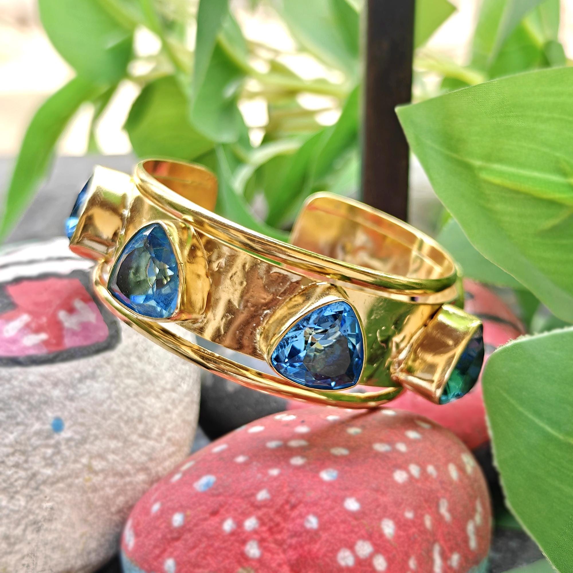 Swiss Blue Quartz Wide Band Brass Cuff: 18k Gold Plated Trillion Cut Gemstone Statement Bangle