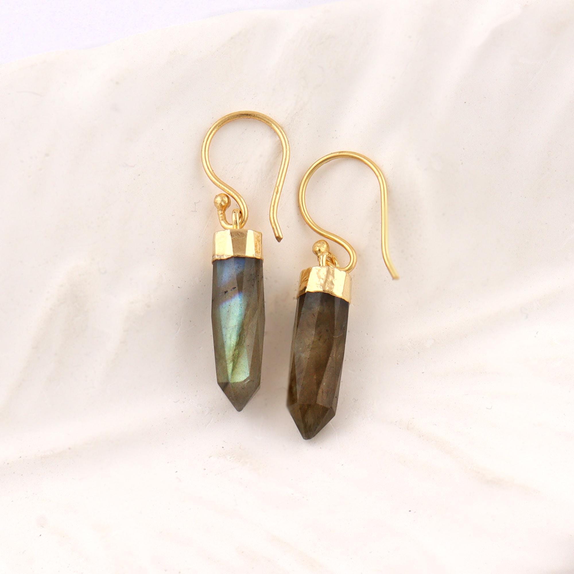 Natural Labradorite Drop Hook Earrings: Pencil Shaped Minimalist Gemstone Jewelry