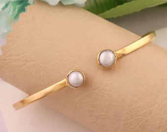 Round Pearl Adjustable Open Bangle - 18k Gold-Plated Cuff Bracelet