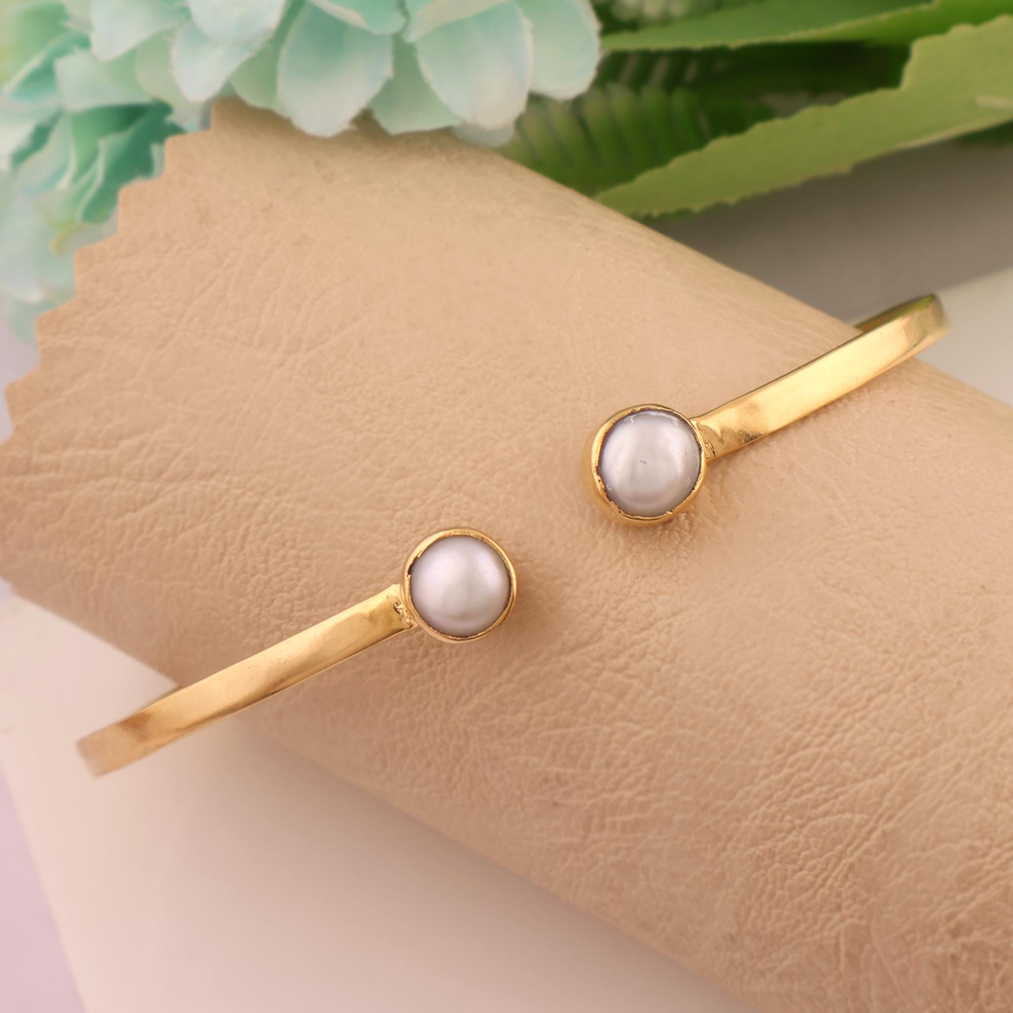 Round Pearl Adjustable Open Bangle - 18k Gold-Plated Cuff Bracelet