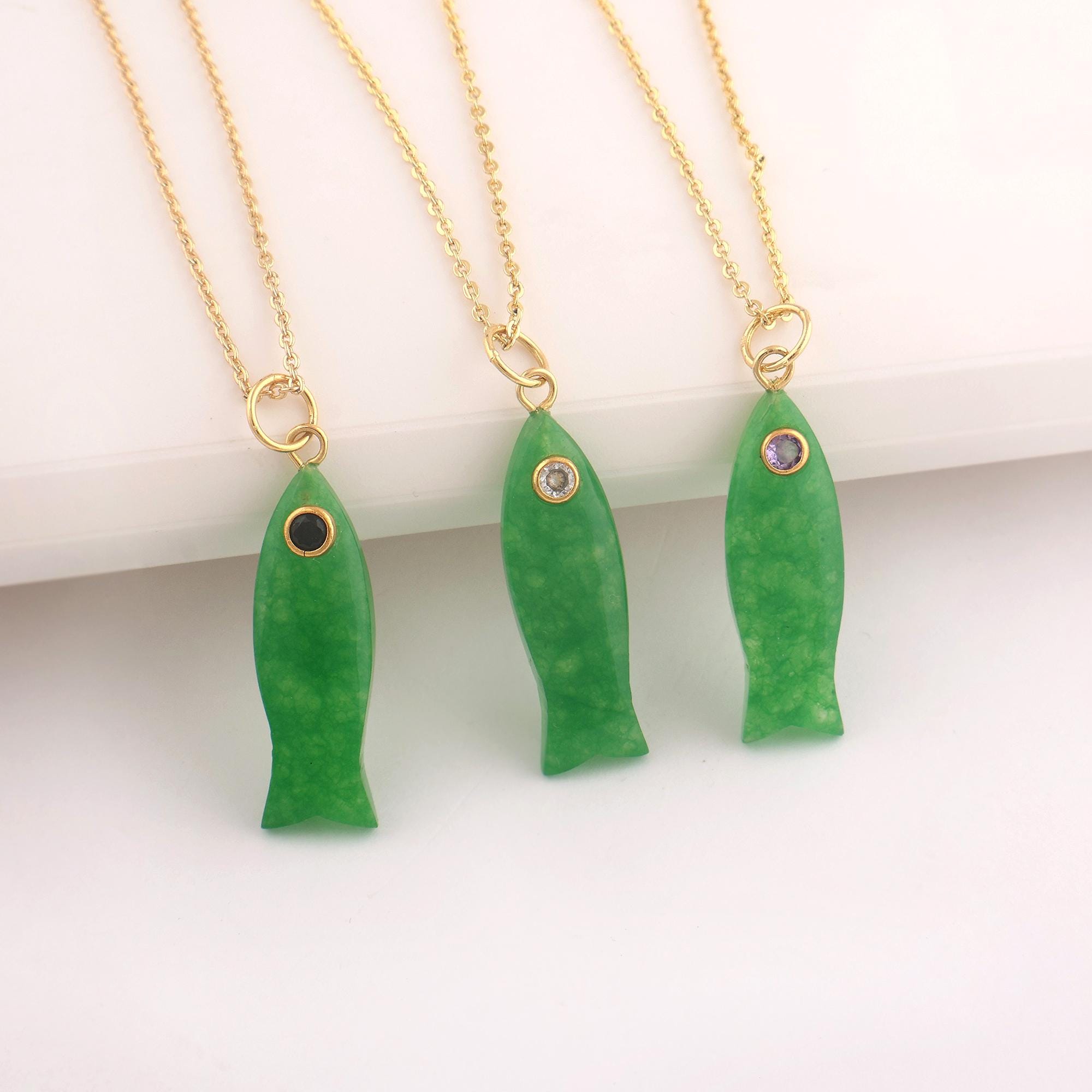 Green Jade Fish Pendant Necklace: 18k Gold Plated Cable Chain