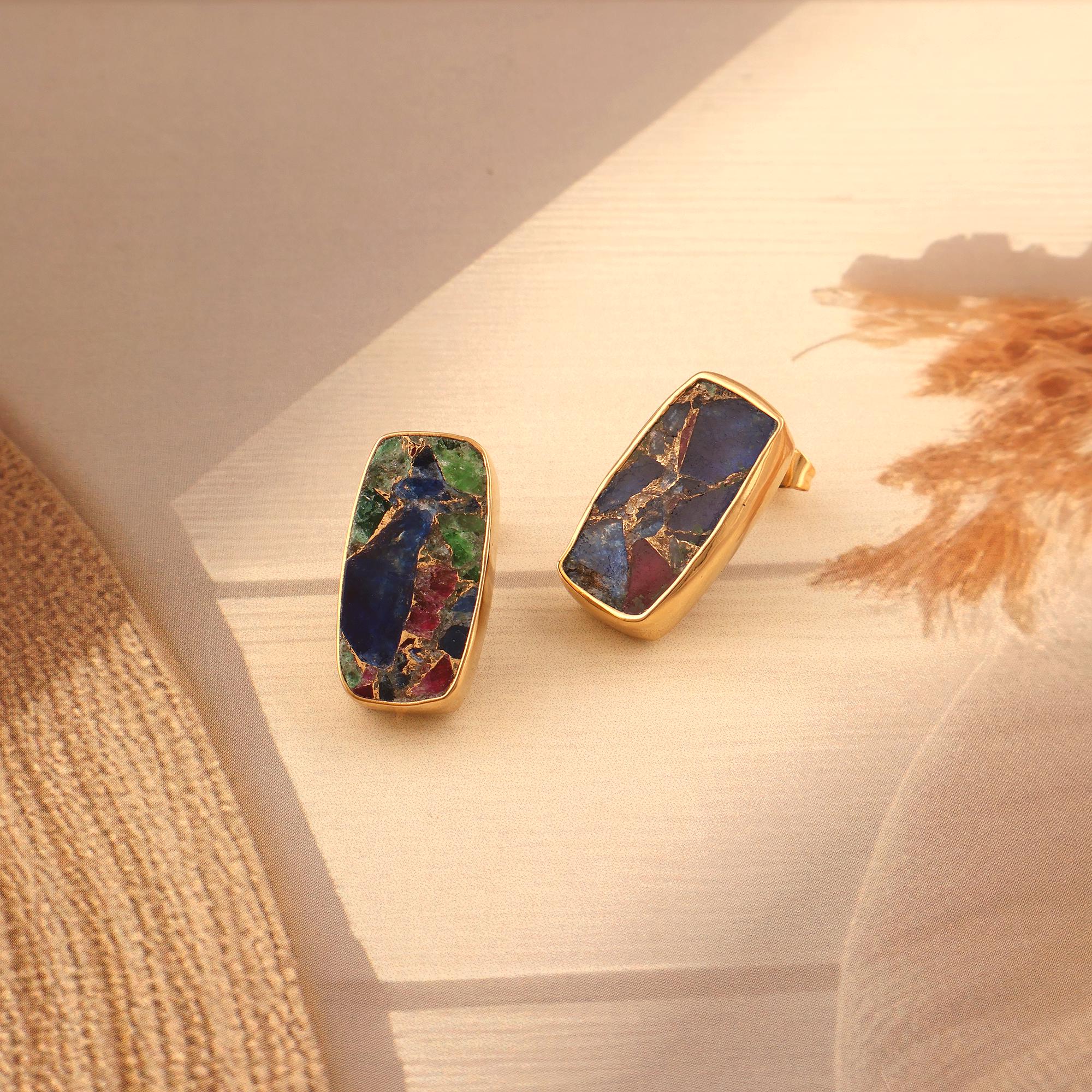 Copper Turquoise Stud Earrings - 18k Gold Plated Earring: Handmade Mix Jade Gemstone