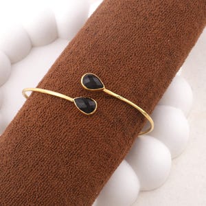 Handmade Black Onyx Gold Plated Cuff Bracelet - Adjustable Brass Bangle