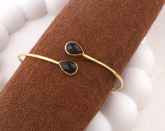 Black Onyx Gold Plated Cuff Bracelet - Elegant Statement Jewelry - Brass Adjustable Bangle - Black Stone Unique Gift for Her