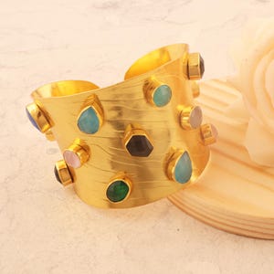 Birthstone Bracelet, Multi Gemstone Bracelet, Wide Cuff Bracelet, Chunky Gold-Plated Bangle, Boho Wedding Jewelry, Satement Bracelet