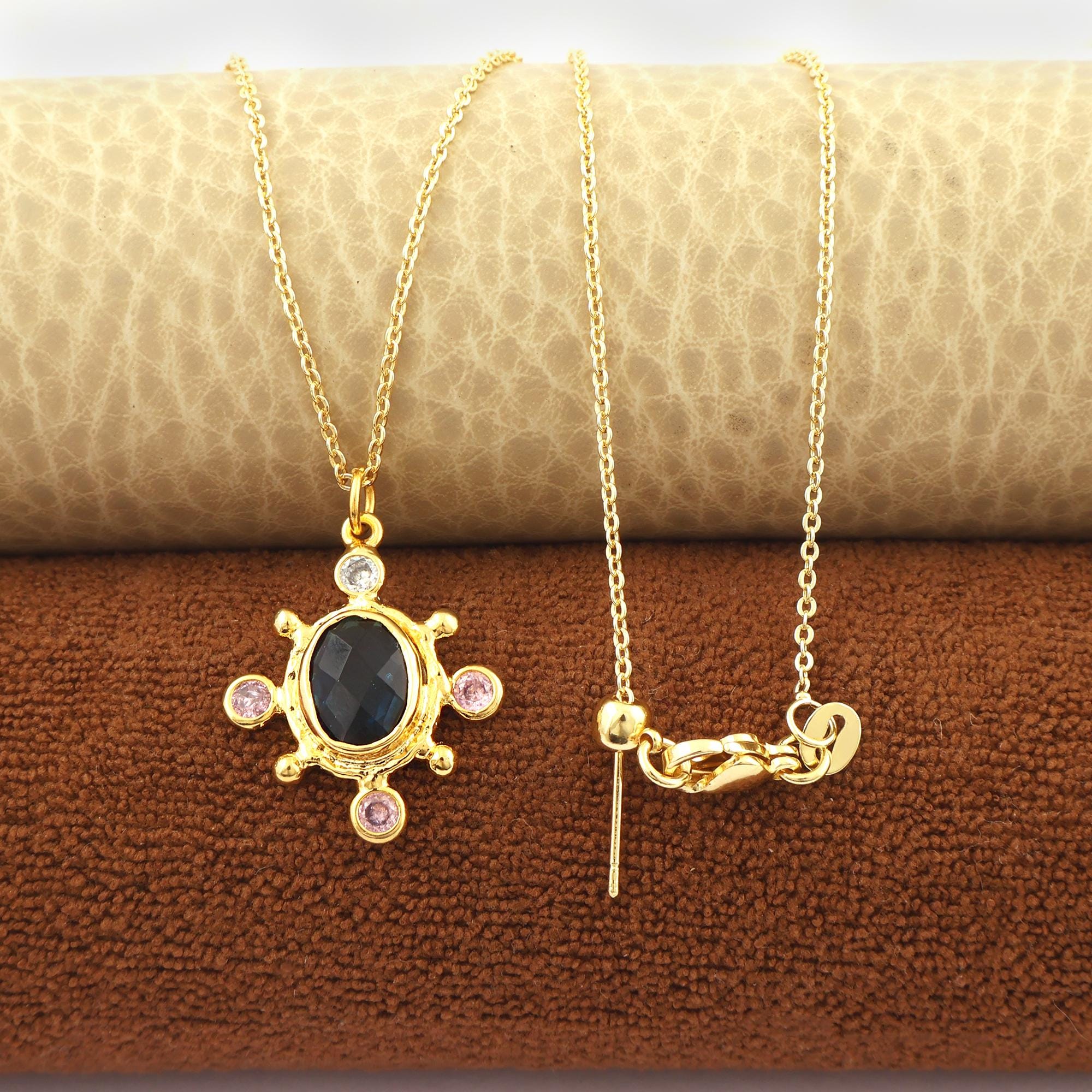 Oval Gemstone Pendant Charm With CZ Accent: Gold Plated Minimalist Earring Necklace
