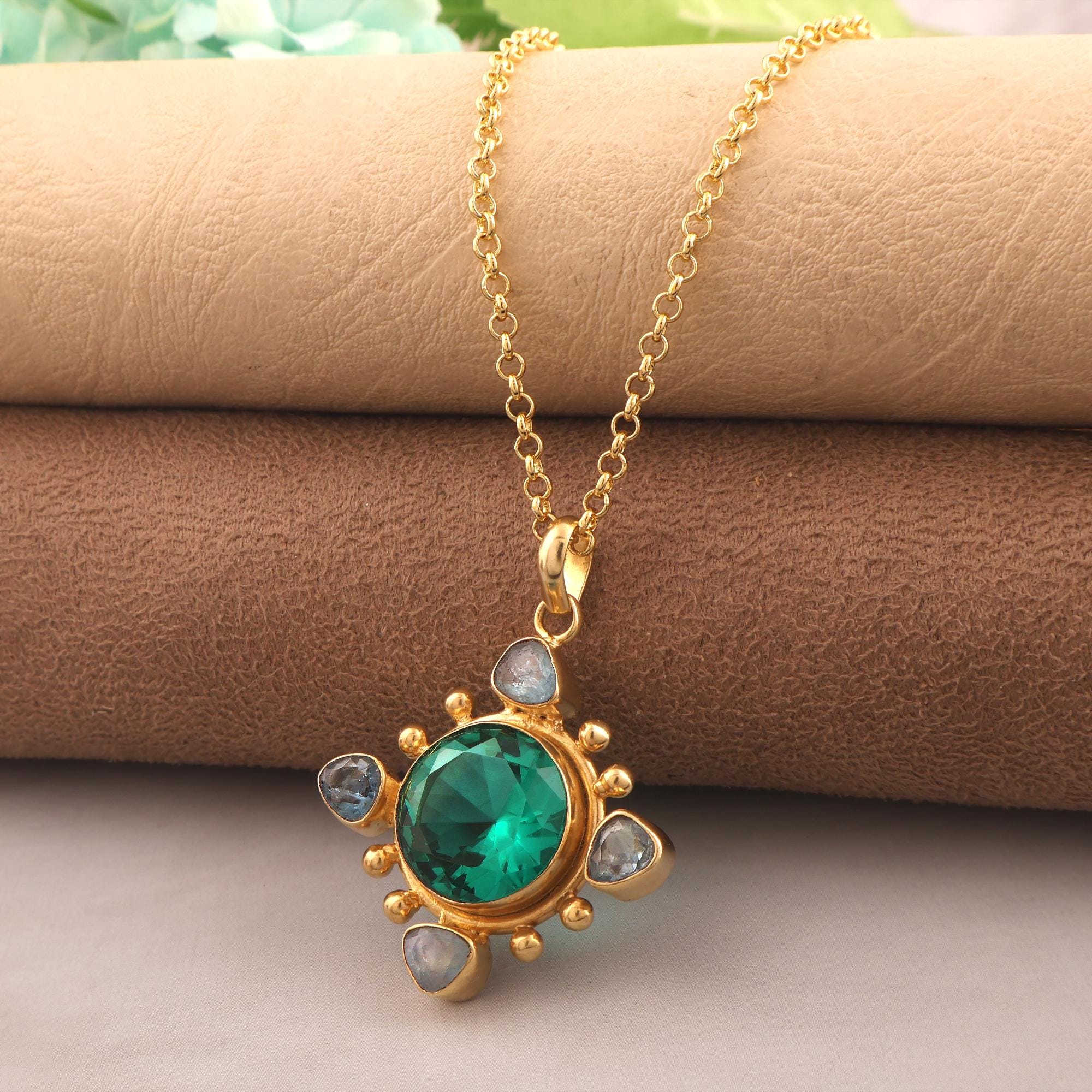 Emerald Quartz Pendant Necklace With Blue Quartz CZ: Gold Plated Green Gemstone Necklace