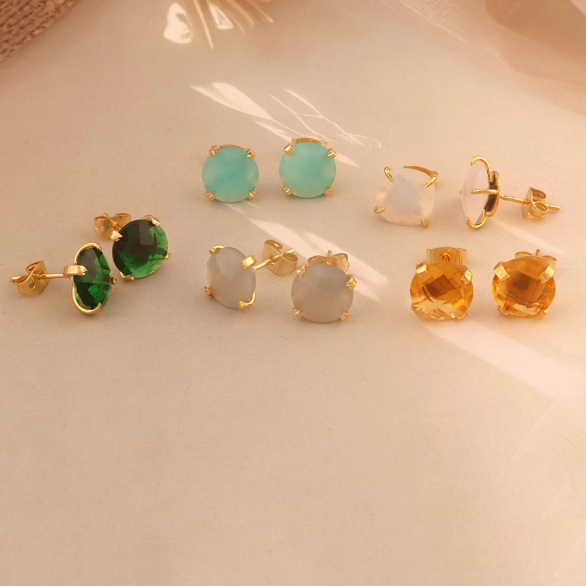 18k Gold Plated Round Stud Earrings: Faceted Gemstone Studs