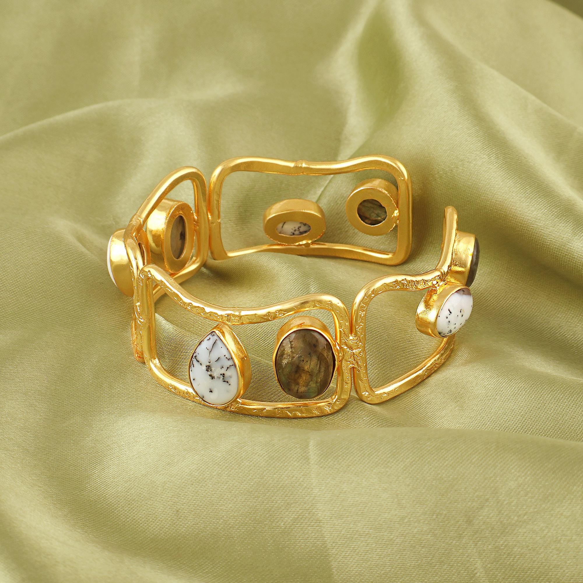 Labradorite & Dendritic Agate Open Link Cuff Bracelet – Modern Geometric Gold Plated Brass Statement Bangle