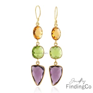 Colorful Faceted Gemstone Earring. Bezel Set 24k Gold Plated Earring. Drop Hook Earring. Elegance Citrine, Peridot and Amethyst Earrings