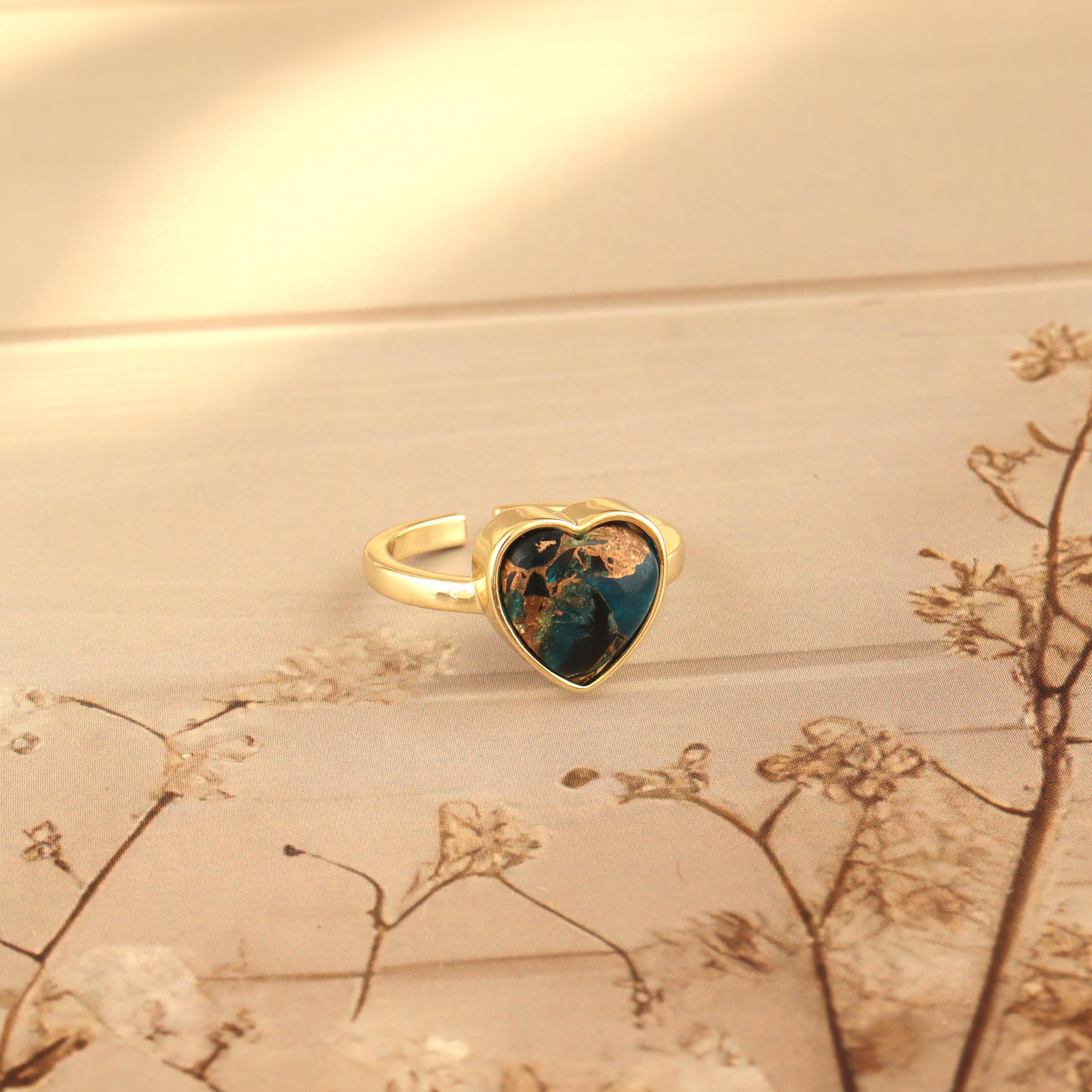 Handmade Copper Turquoise Heart Shaped Ring: Gold-Plated Adjustable Statement Jewelry