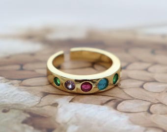 Colorful Gemstone Ring: Gold Plated Brass, Adjustable Band