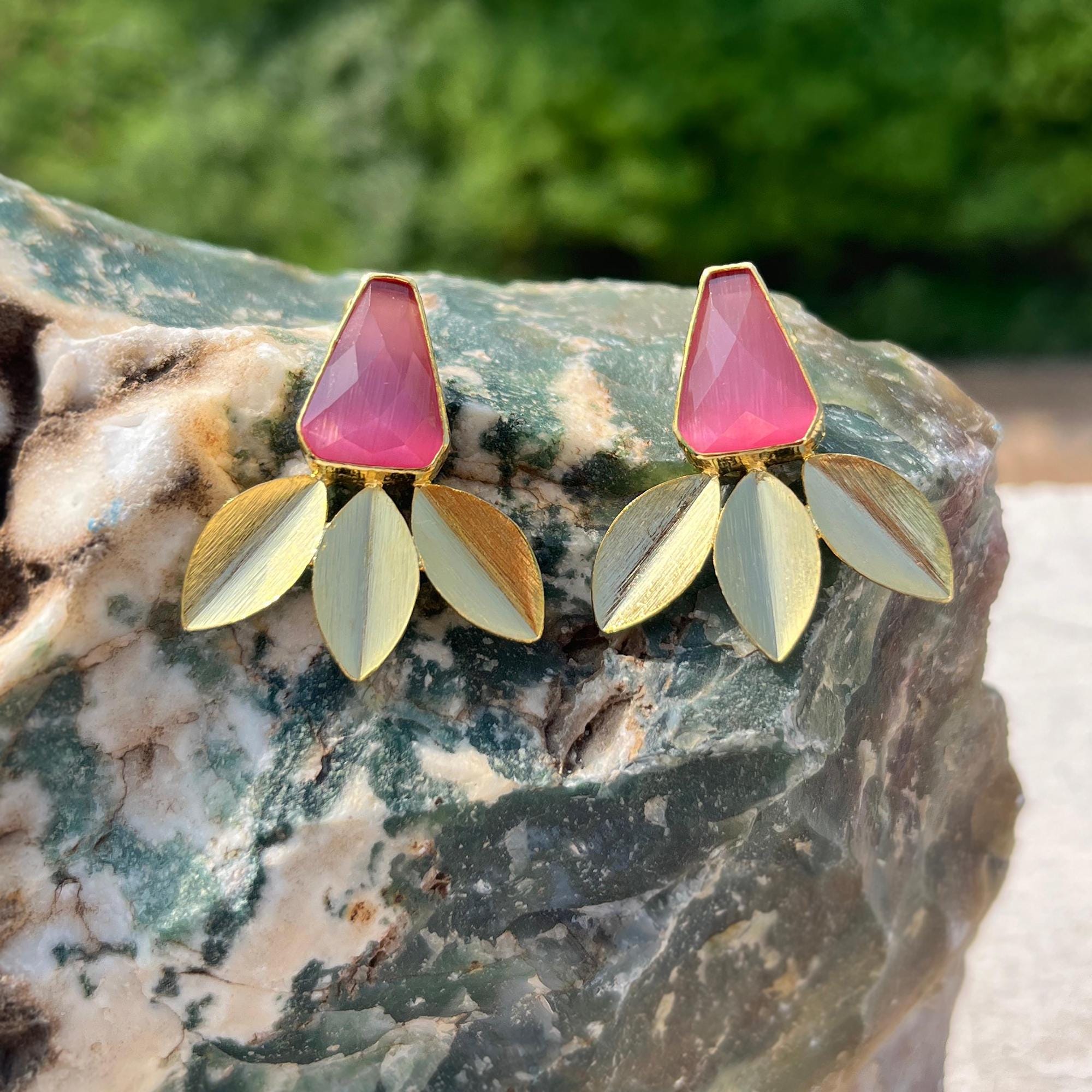 Pink Cat's Eye Gemstone Earrings: Gold Plated Bohemian Leaf Studs