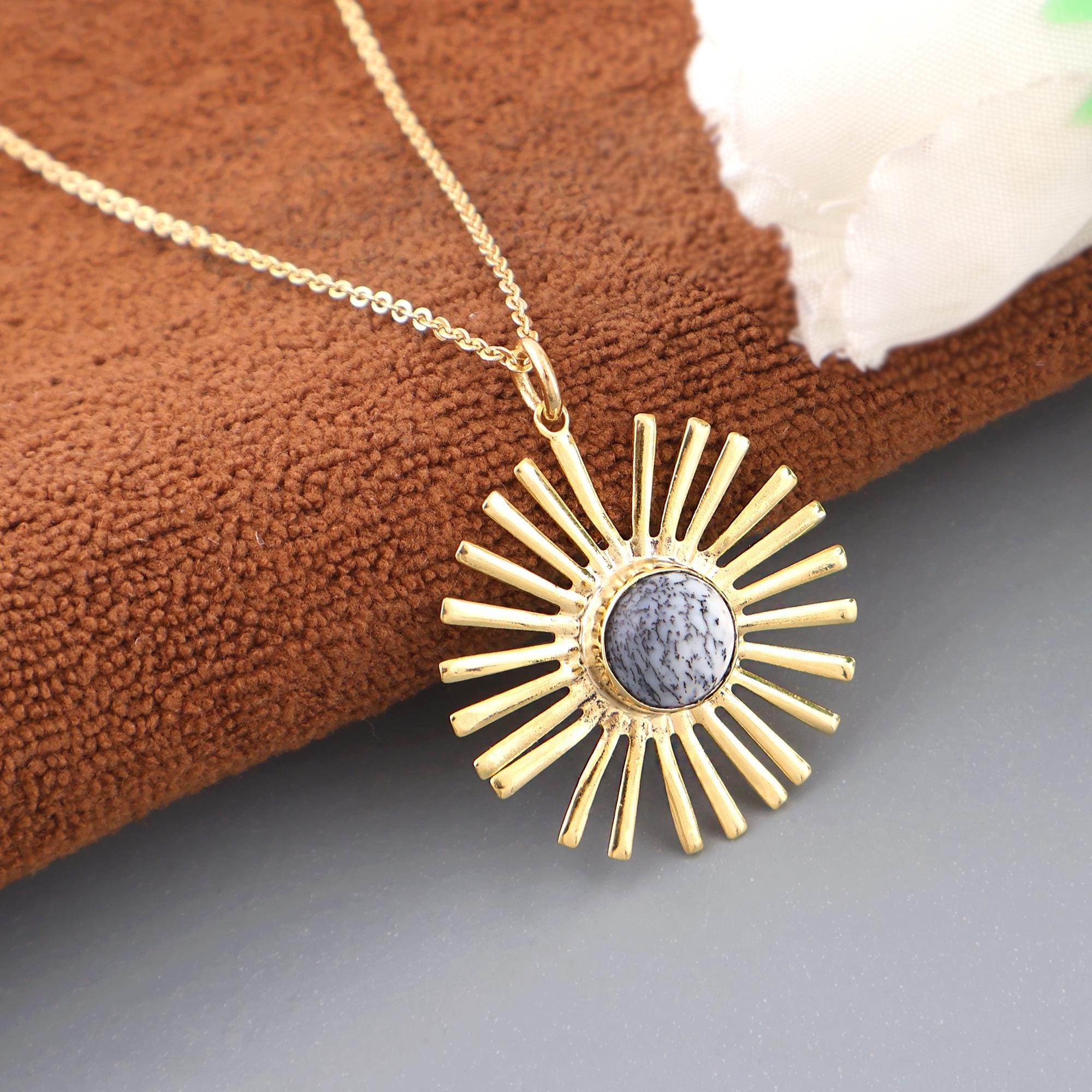 Brass Gold Plated Sunburst Gemstone Necklace: Labradorite Dendrite Opal Sodalite Sun Pendant