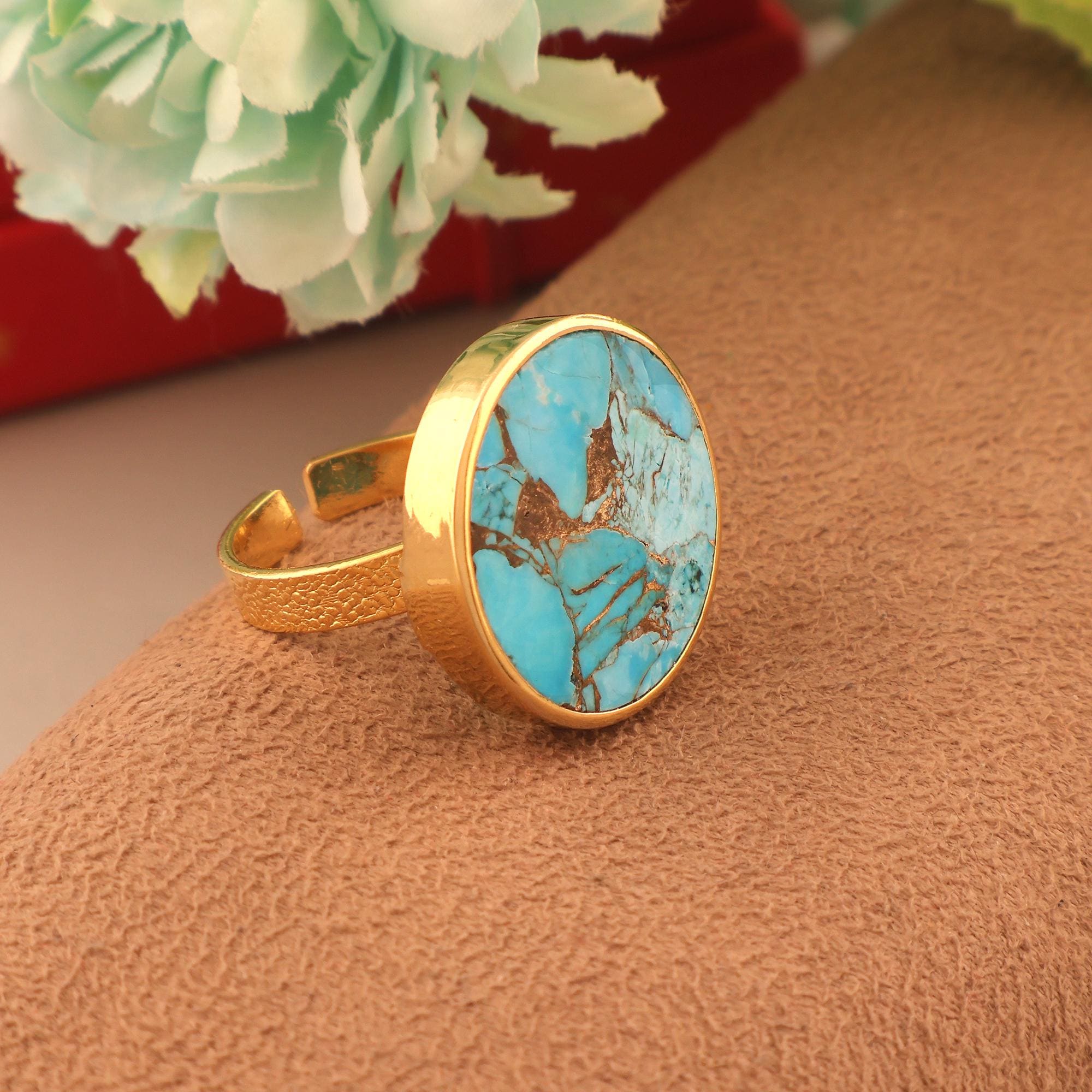 Blue Copper Turquoise Ring – Handmade Adjustable Gold Ring