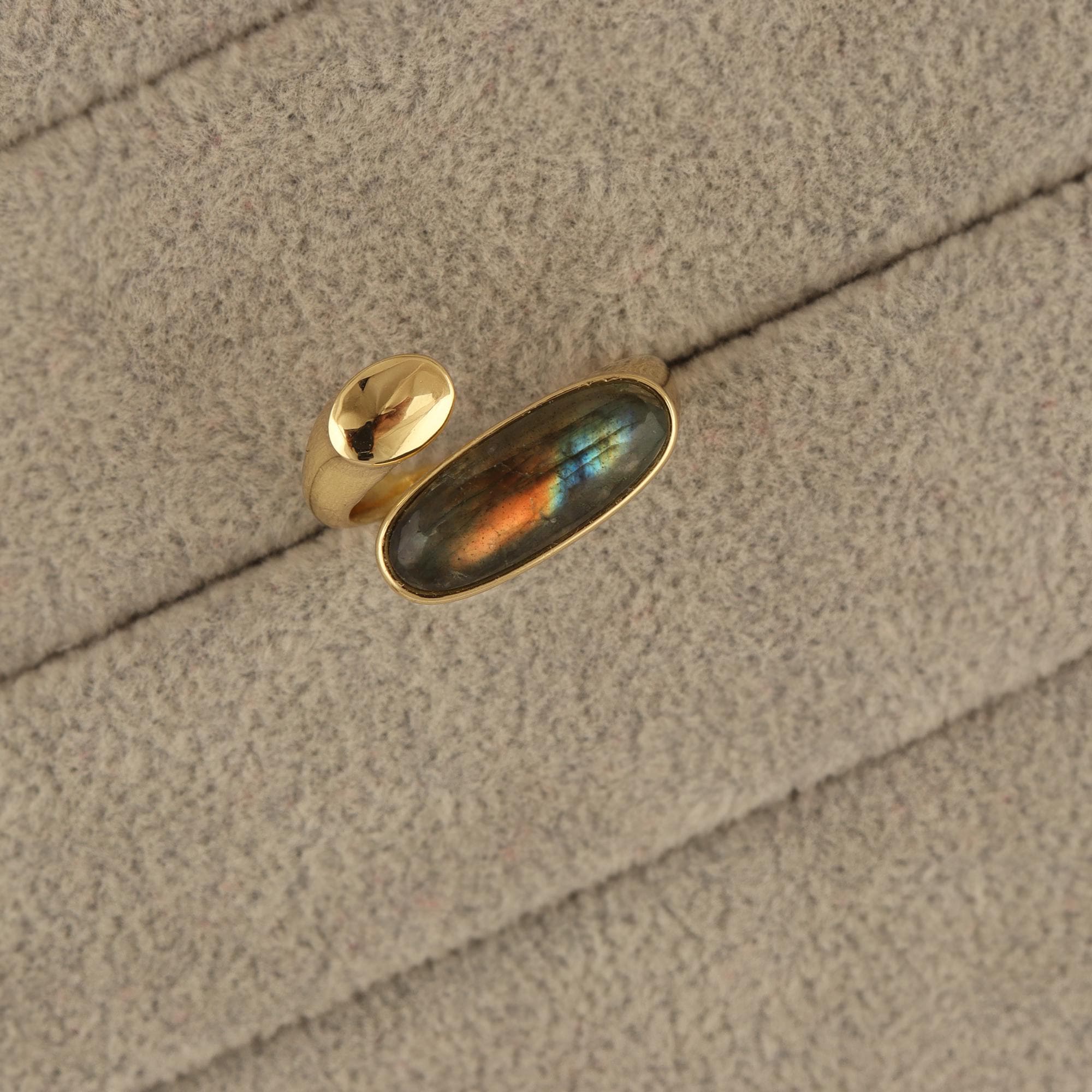 Gold Plated Fire Labradorite Ring: Adjustable Natural Stone Statement Jewelry