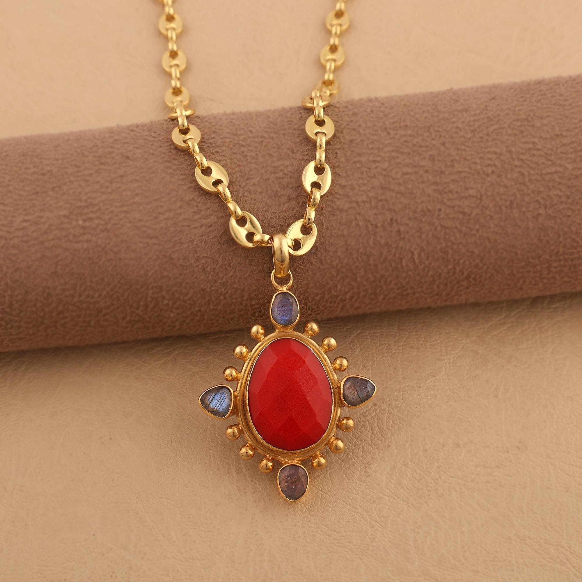 Coral & Labradorite Gemstone Pendant: 18k Gold Plated Oval Cabochon Charm