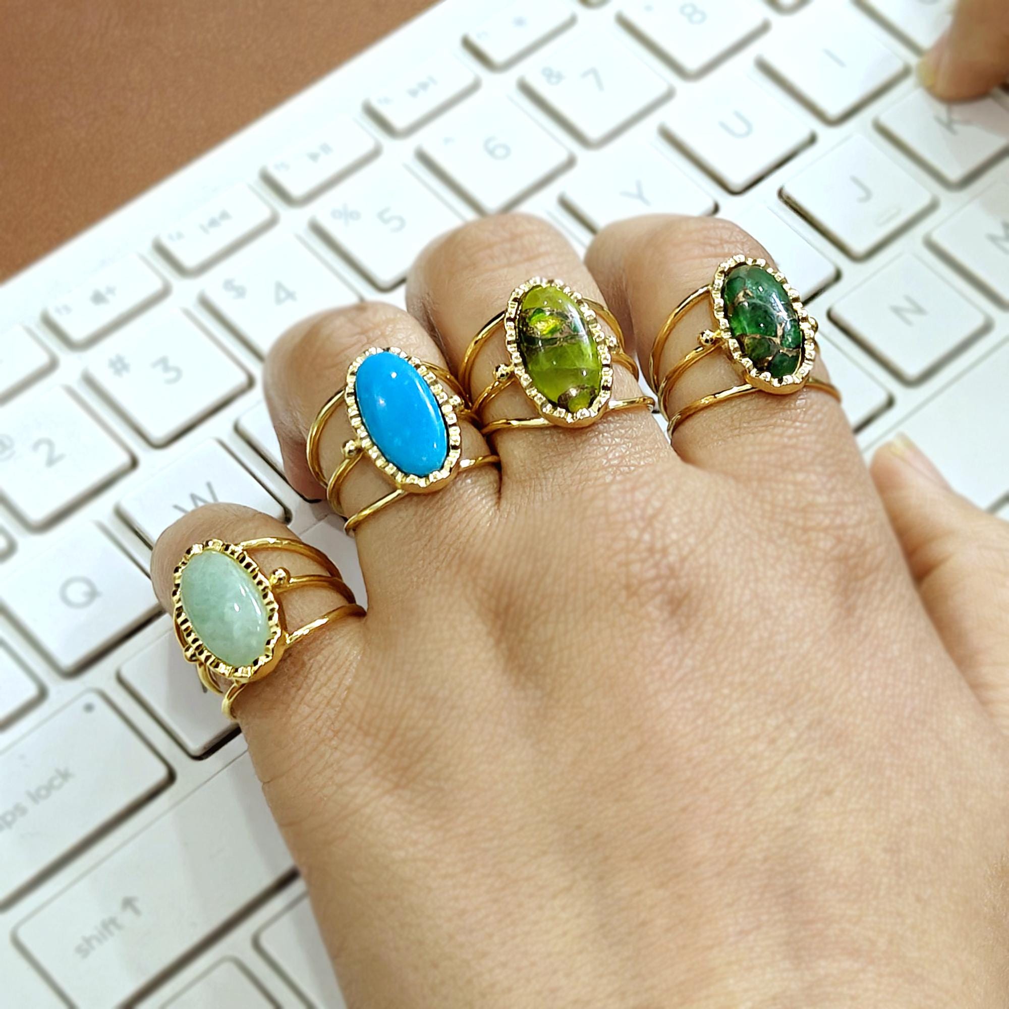 Multi Gemstone Oval Adjustable Ring: Natural Gold Plated Handmade Statement Ring Triple Band Jewelry