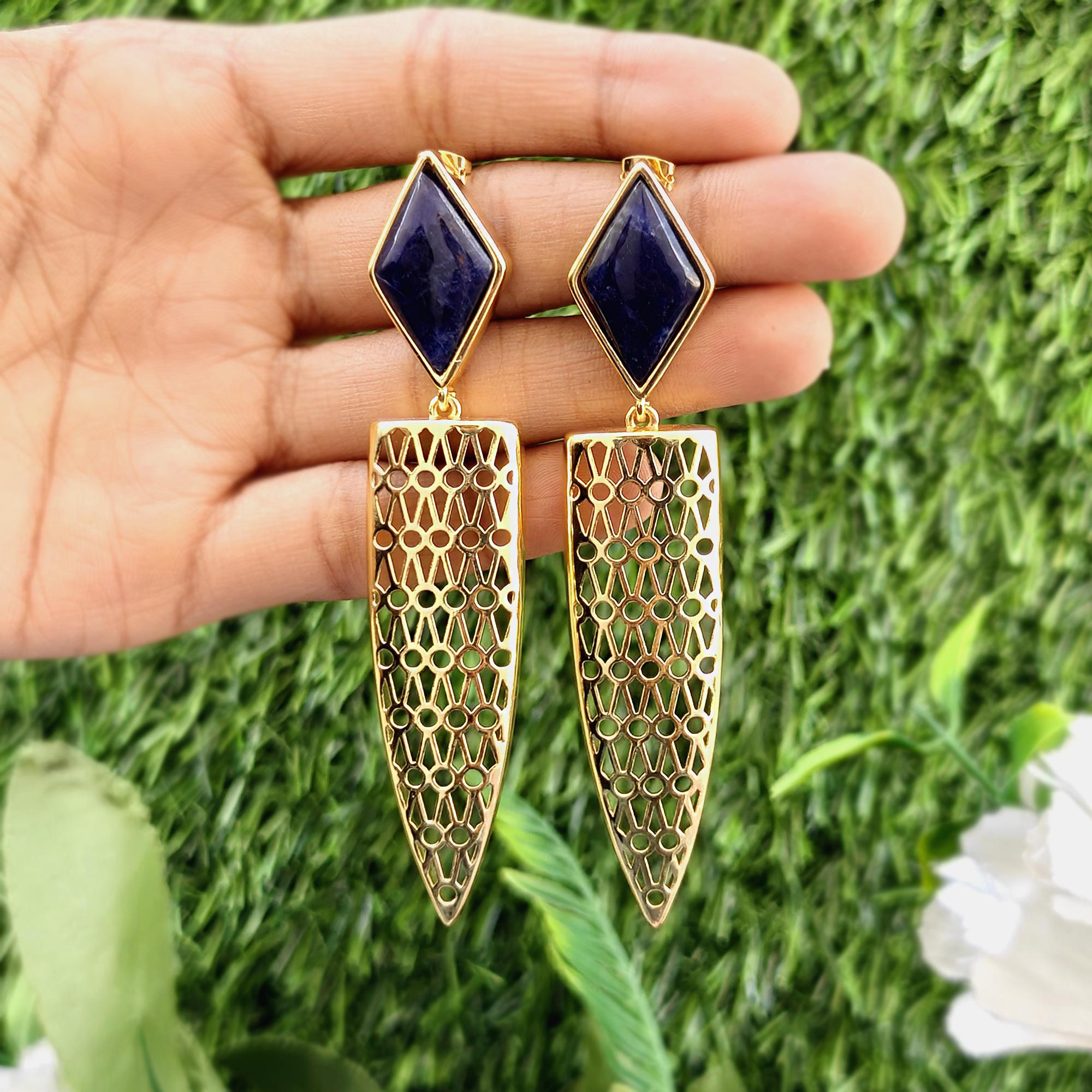 Sodalite or Black Onyx Brass Earrings: Gold Plated Long Filigree Drop Earrings