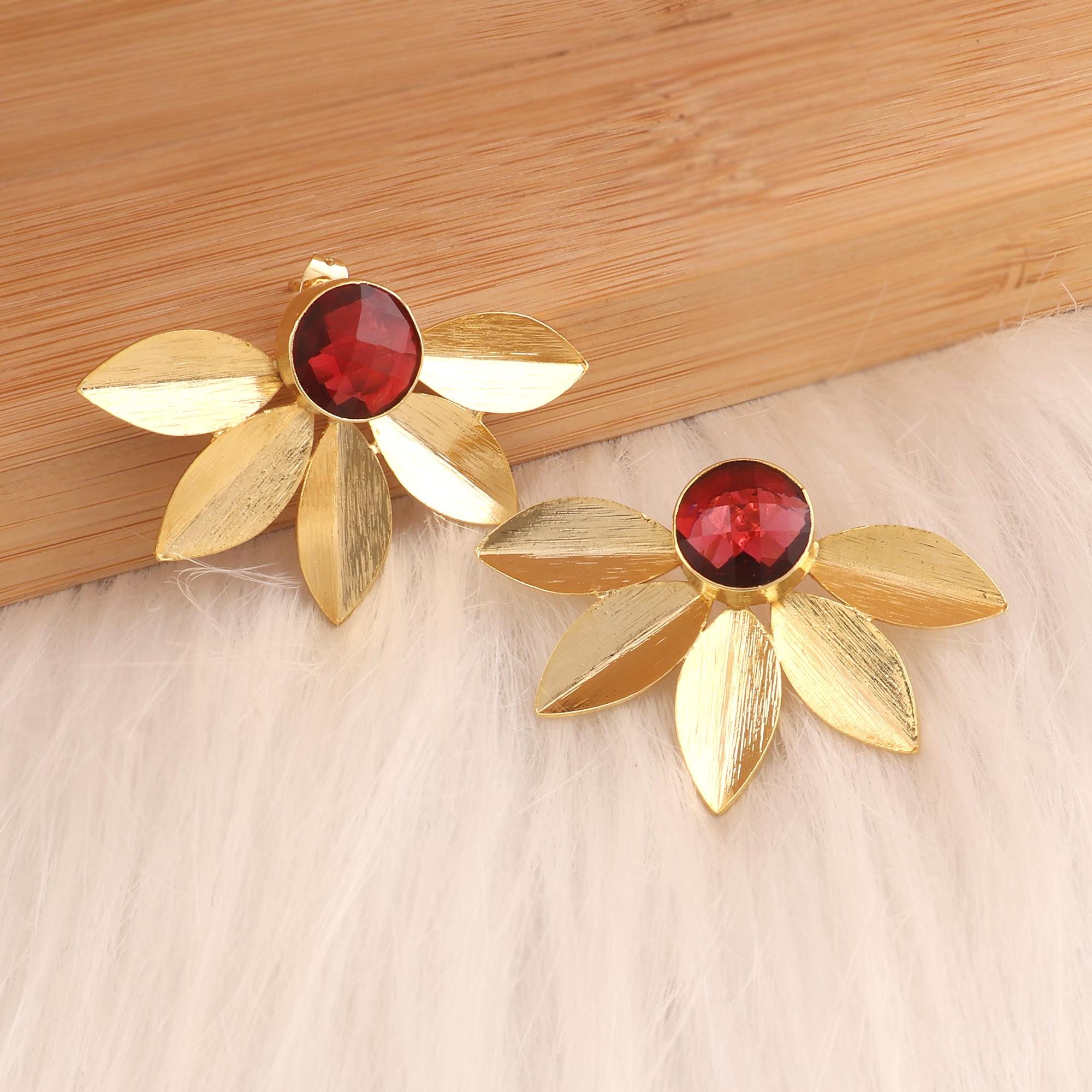 Brust Finish Prehnite Gold Plated Leaf Earrings: Ruby Quartz Gemstone Studs