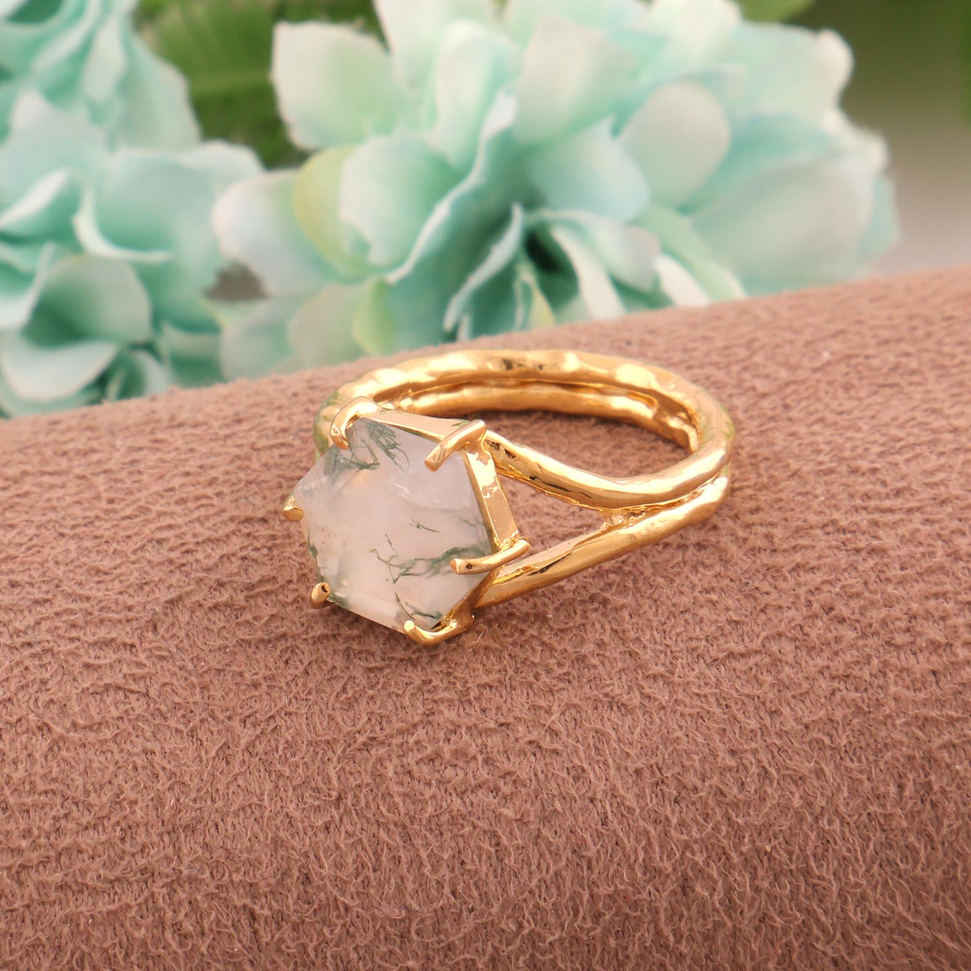 Moss Agate Gold Plated Ring - Prong Set Hexagon Cut Gemstone