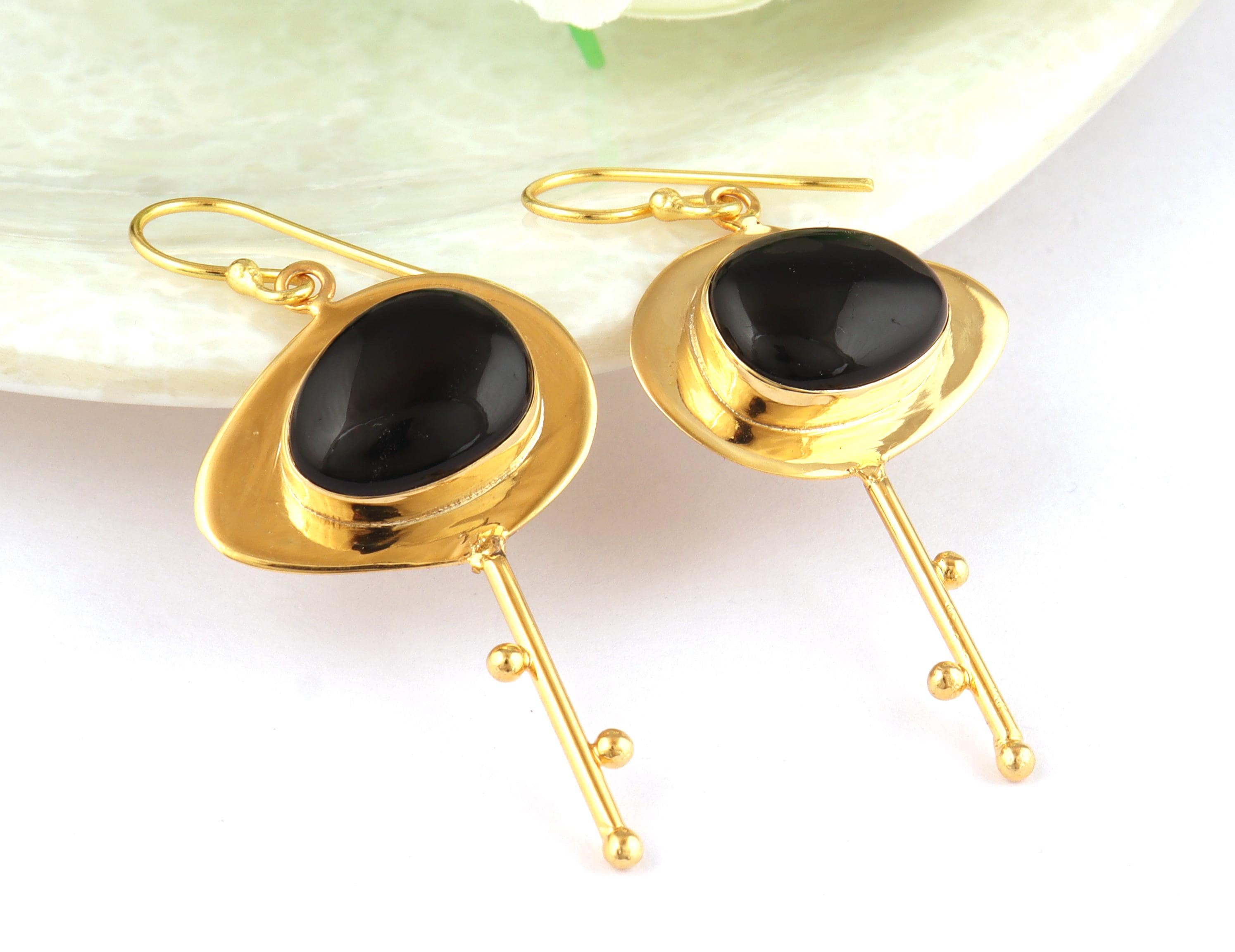 18k Gold Plated Black Onyx Drop Earrings: Bohemian Hook Design