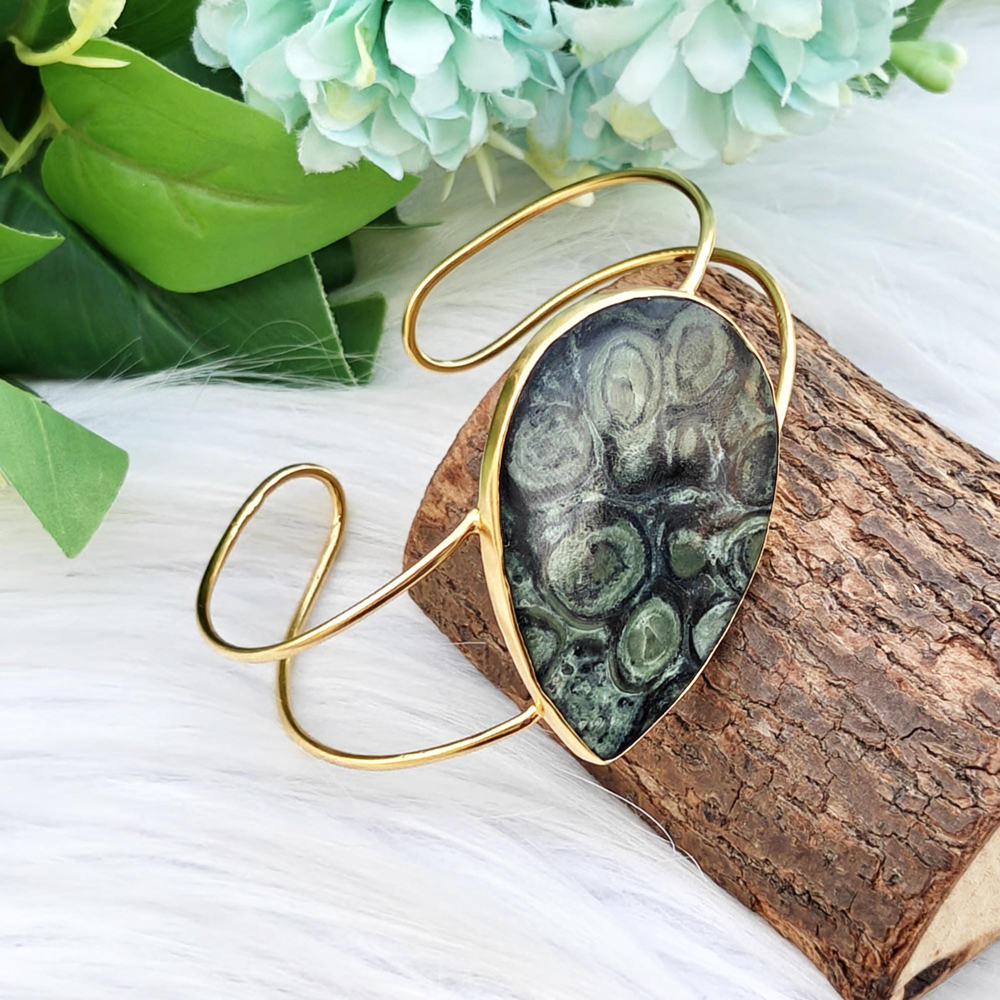 Teardrop Gold Cuff Bracelet: Chunky Kambaba Jasper Pear Gemstone Brass Bangle