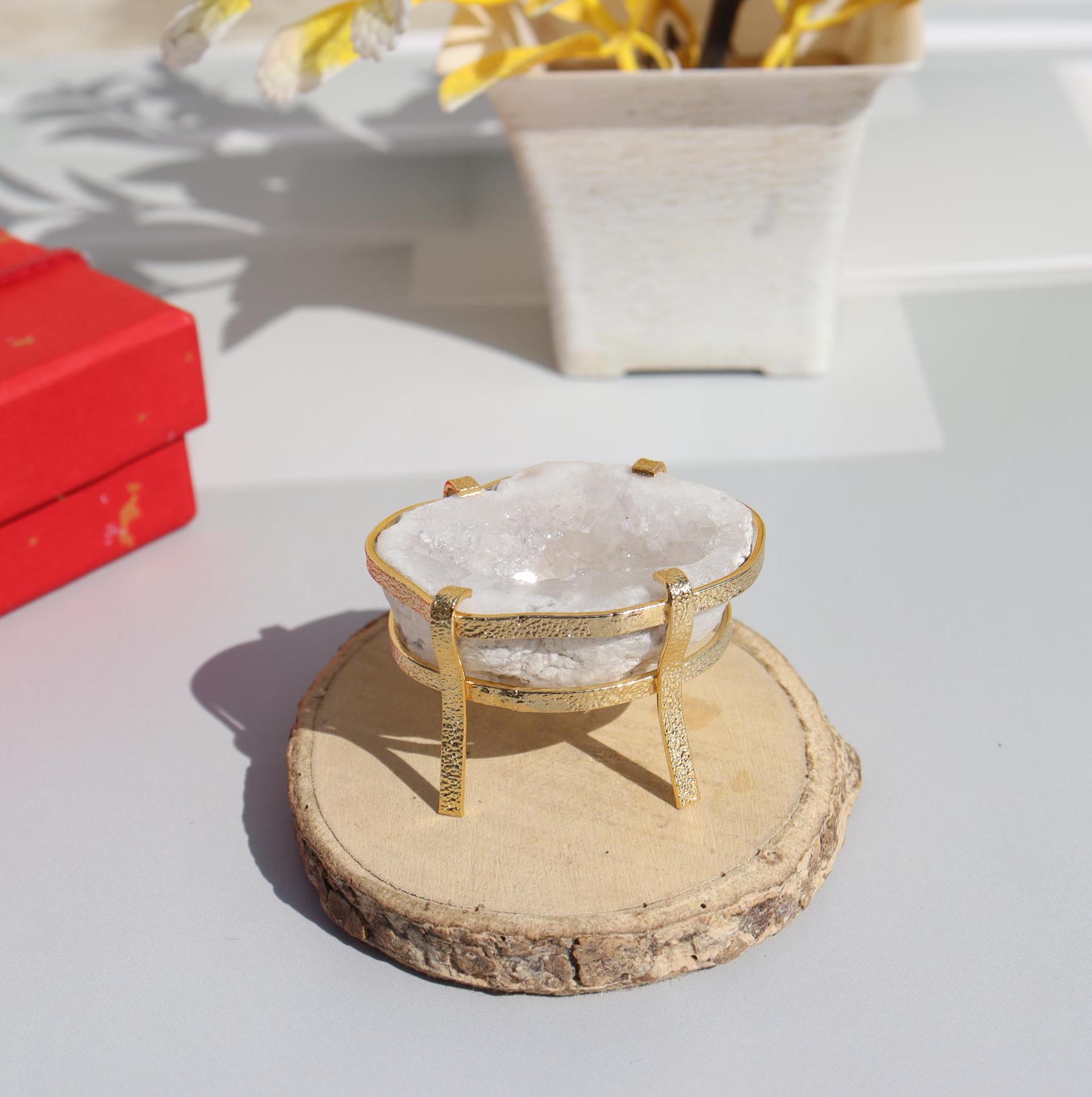 Gold Plated Druzy Geode Display Stand: Brass & Agate Crystal Holder