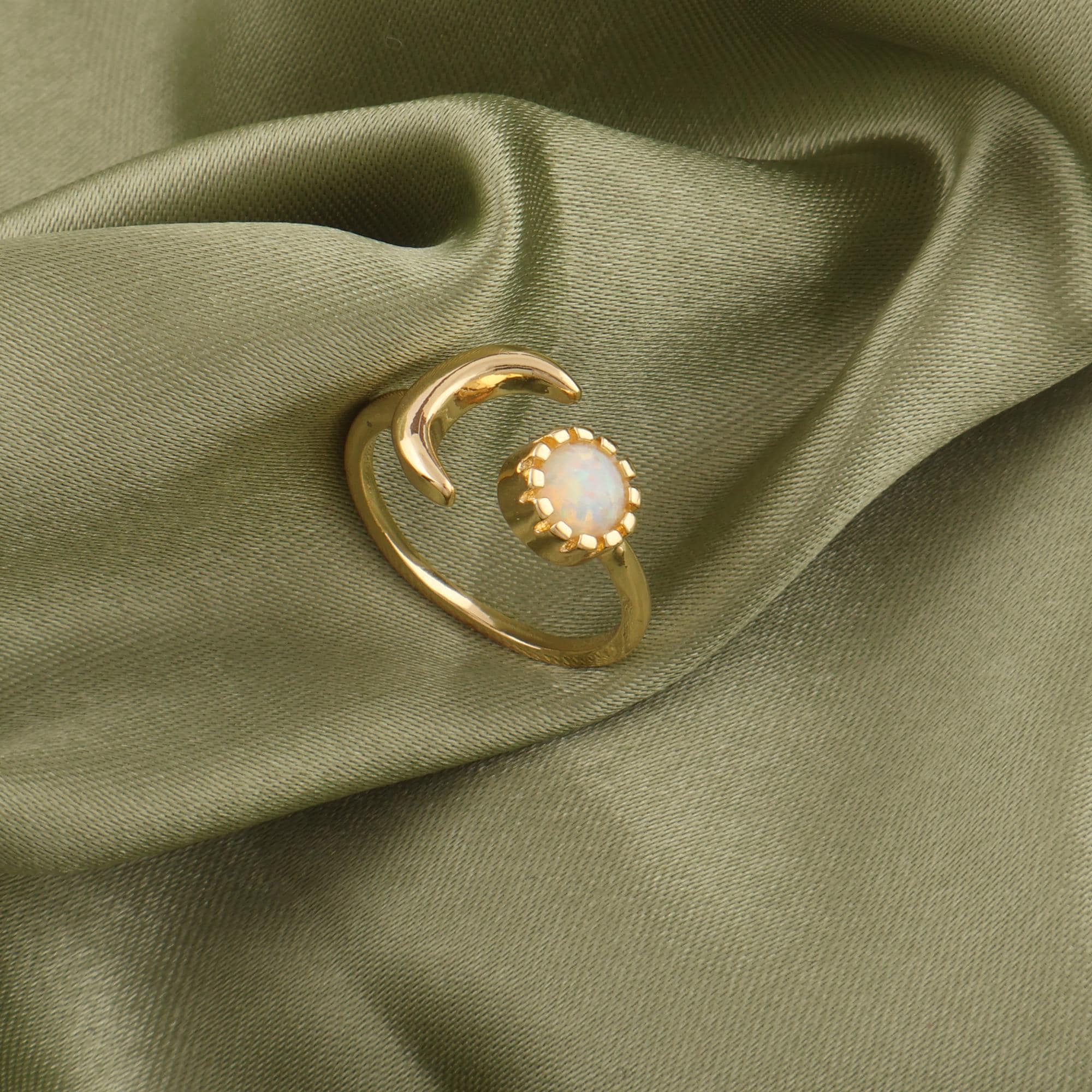 Crescent Moon Ethiopian Opal Ring: Gold Plated Round Gemstone Stacking Jewelry