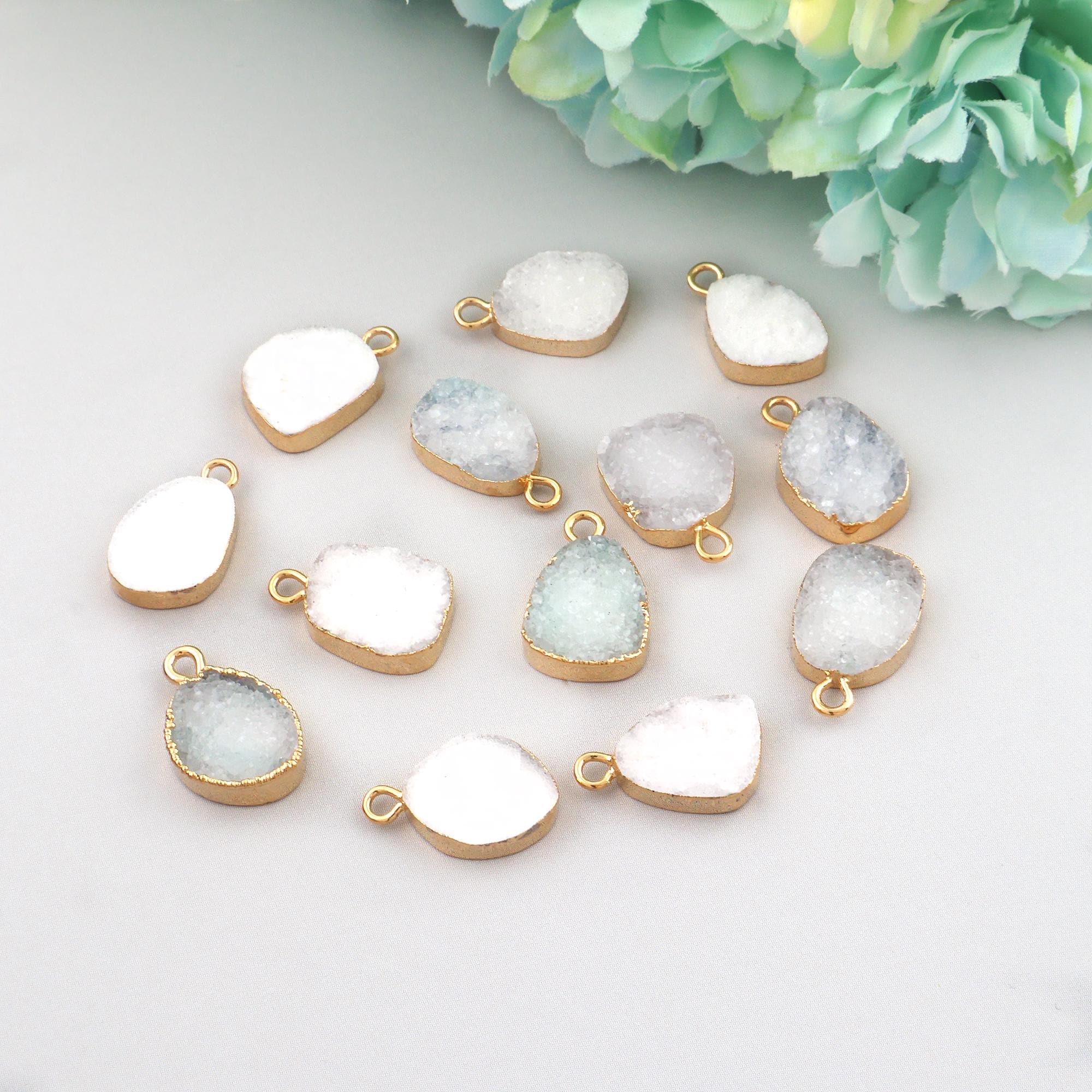 Gold Electroplated Agate Druzy Charms: White Single Bail Pendants