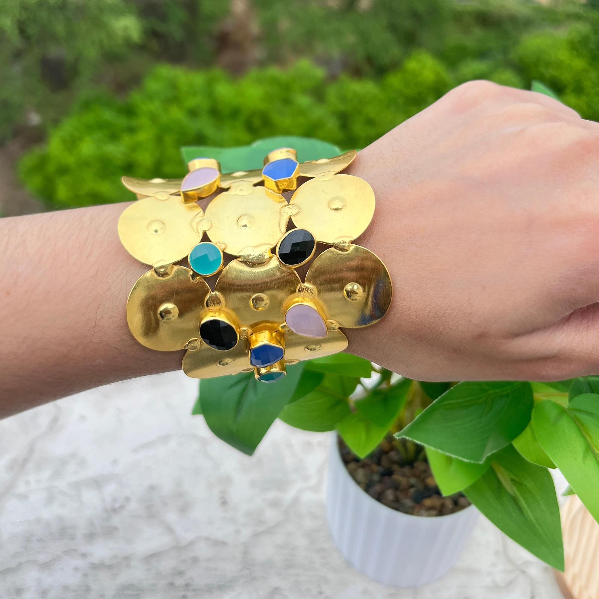 Gold-Plated Brass Cuff Bracelet: Multi Gemstone Boho Bangle
