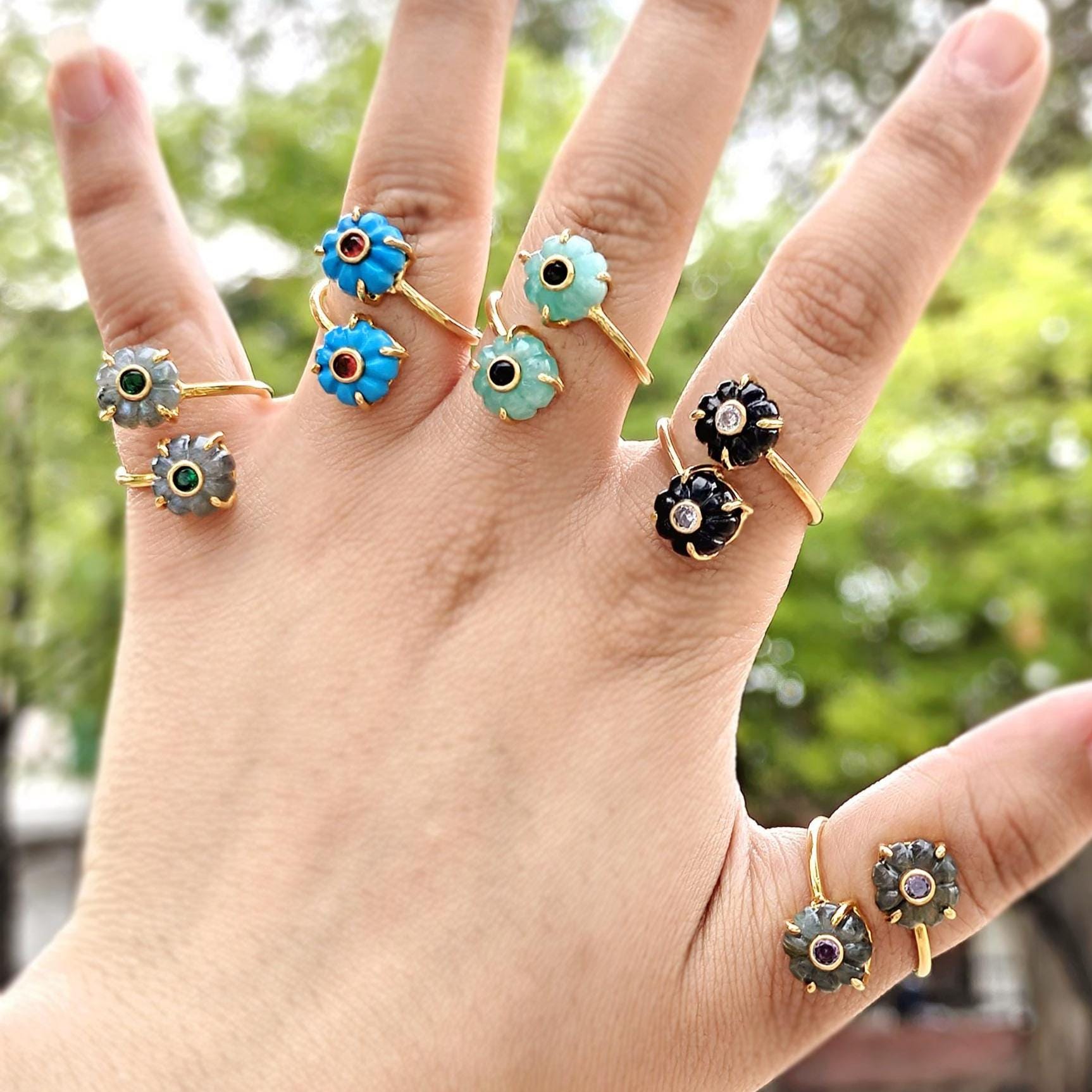 Melon Shaped Gemstone Adjustable Ring: Stackable Flower Ring