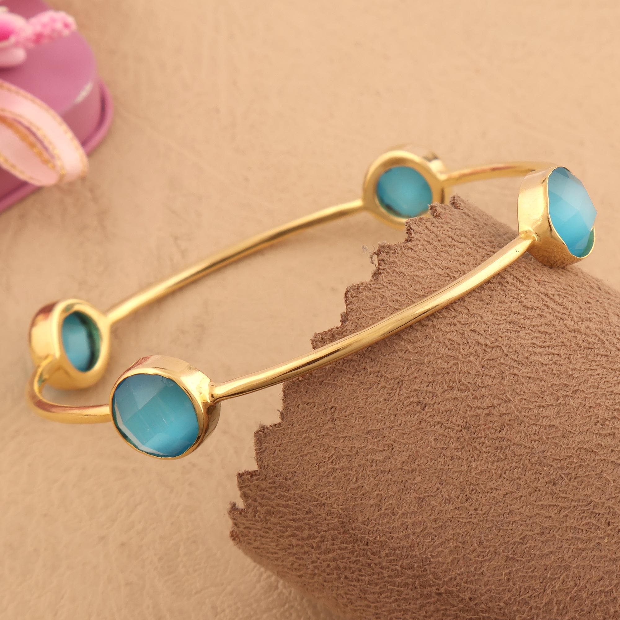 Blue Cat's Eye Gold Plated Bangle: Handmade Boho Gemstone Bracelet