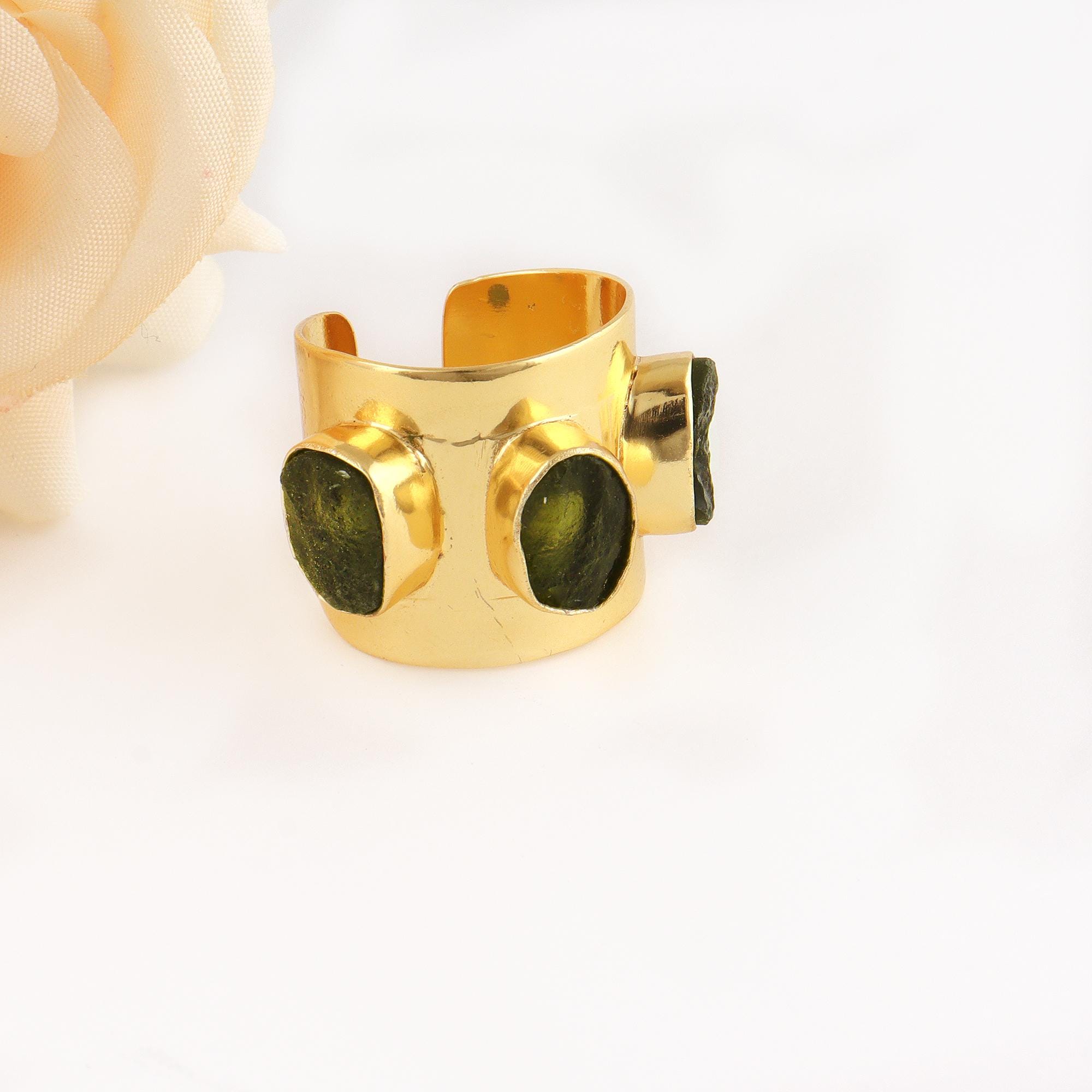 18k Gold Plated Moldavite Statement Ring: Adjustable Gemstone Band Jewelry