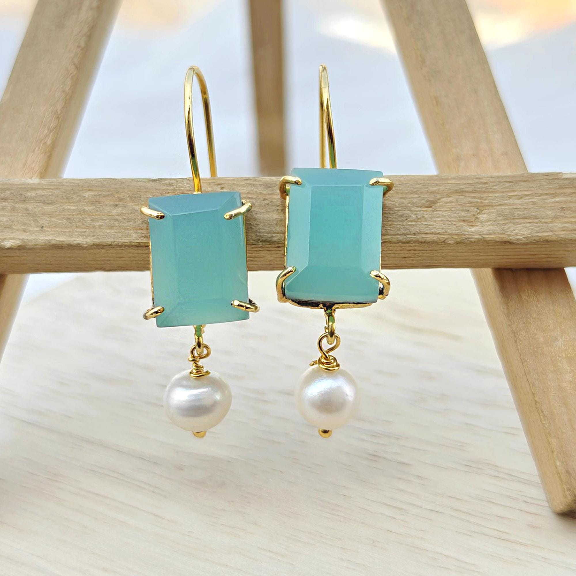 Gold Aqua Chalcedony and Pearl Dangle Earrings – Handmade Gold Plated Hooks with CZ Accent