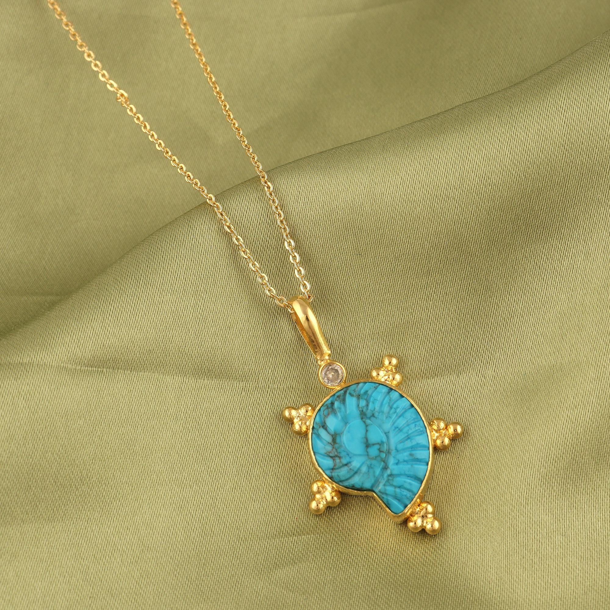 18k Gold-Plated Turquoise Necklace: Boho Carved Gemstone Pendant