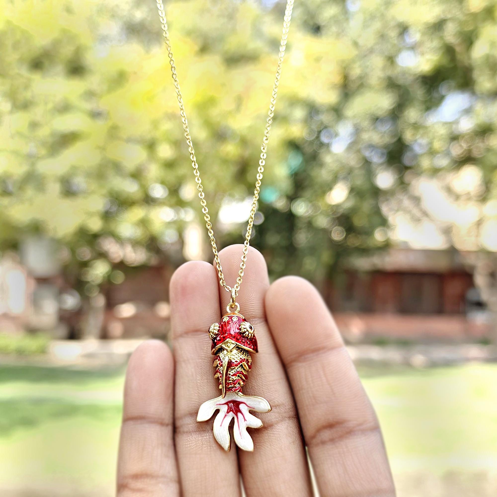 Gold Plated Enamel Fish Koi Necklace: Chinese Lucky Jewelry