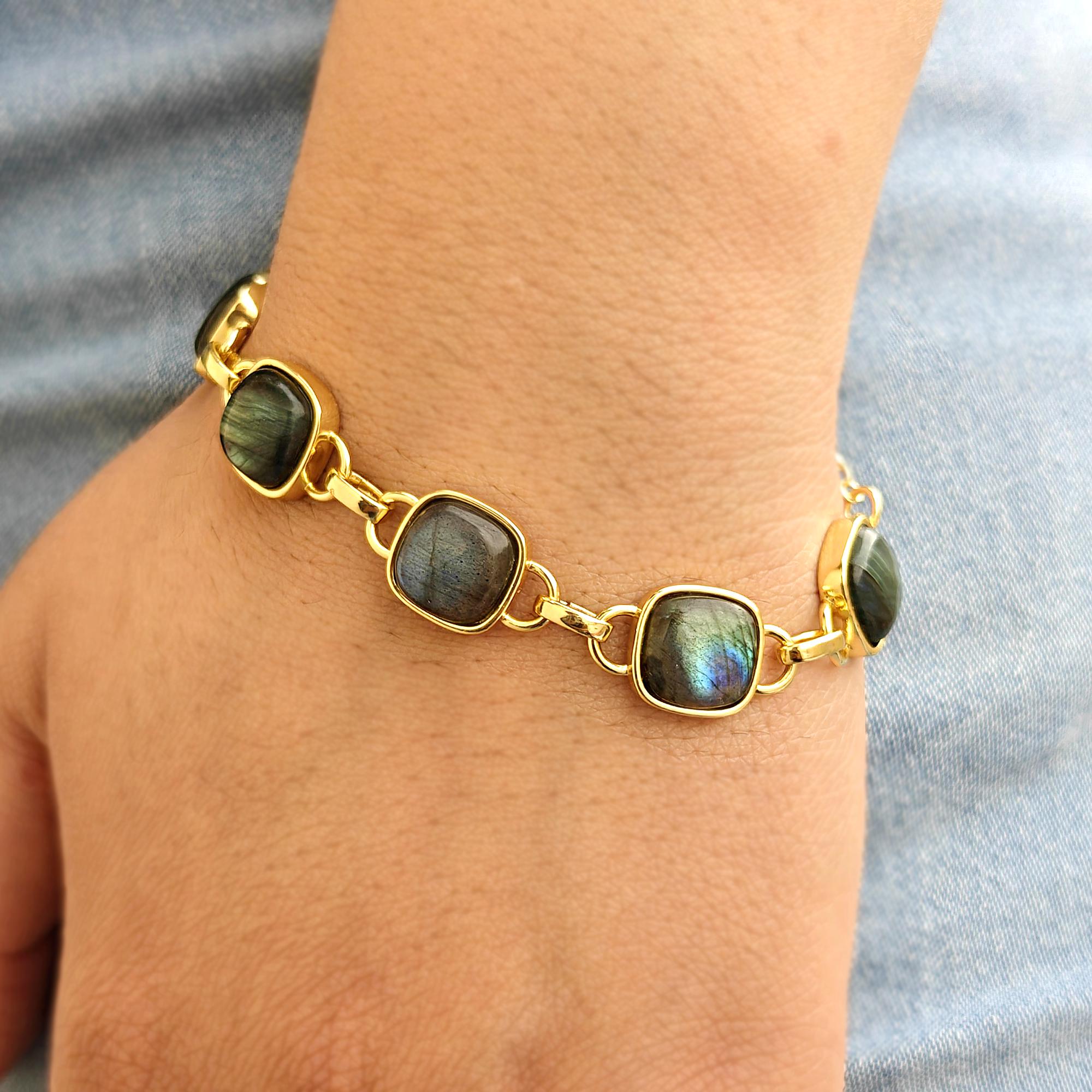 Labradorite or Prehnite Gemstone Bracelet: Gold Plated Chain Bracelet