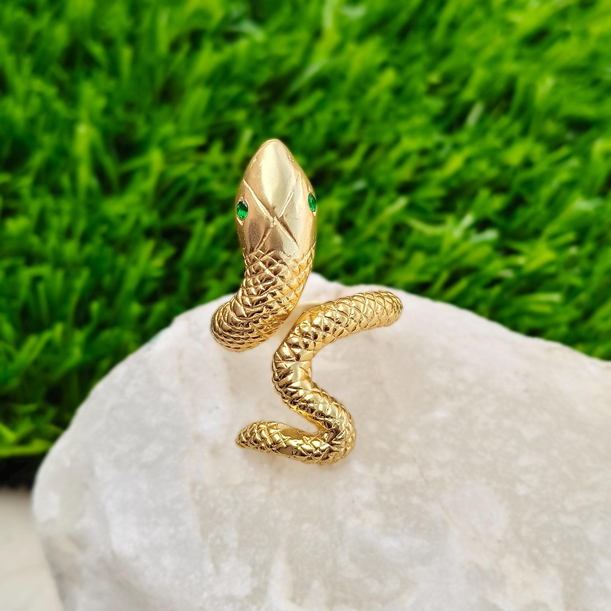 Emerald Quartz Snake Ring: 18k Gold Plated Serpent Band